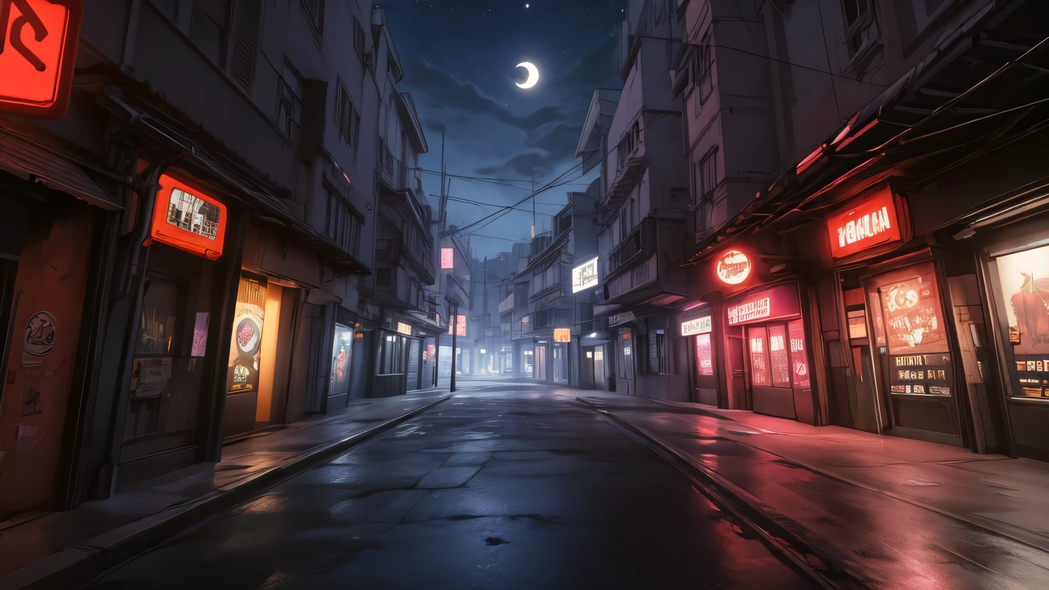 anime, high res, 4k, 8k, visual novel background, CG background, night, moon, cyberpunk town, empty streets, outdoor scenery, detailed background, photorealistic, pixiv, sharp-focus, super detail,