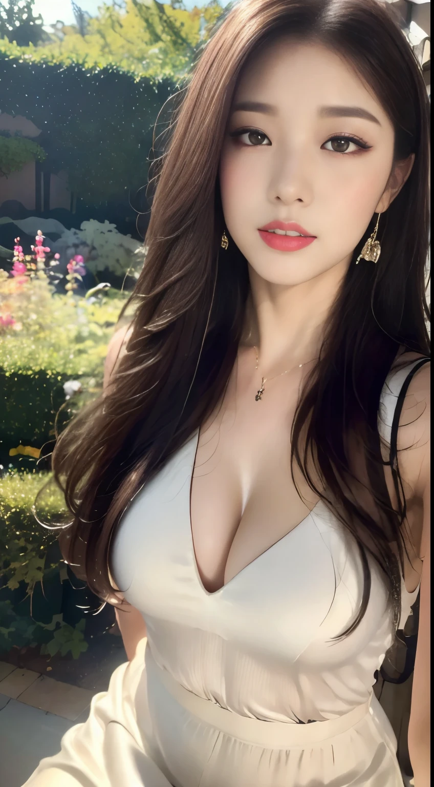 ((highest quality, 8k, masterpiece :1.3)), One girl, Open your mouth, sad,That seems unfortunate,, Red lipstick:1.2,Dark lipstick:1.2,Slim face, Beautiful woman, :1.3, Highly detailed face, double eyelid, spring, sunny, null, nature,garden,cherry blossoms,looking at the camera,White loose blouse,flare skirt,(masterpiece: 1.3), (Maximum resolution: 1.4), (Ultra high definition: 1.2), Cinematic Light, Ultra high definition, (Detailed eyesと肌), (Detailed facial features), 8k resolution, Perfect Style, Beautiful expression、Highly detailed face and skin texture、Detailed eyes、Glitter Eyeliner:1.2、Thin cheeks、((Pure white skin:1.1)),Glossy Lips:1.2、((Full Body Shot:1.2)),(Straight Hairstyles、Light brown hair)、One-length long hair、175cm,From below