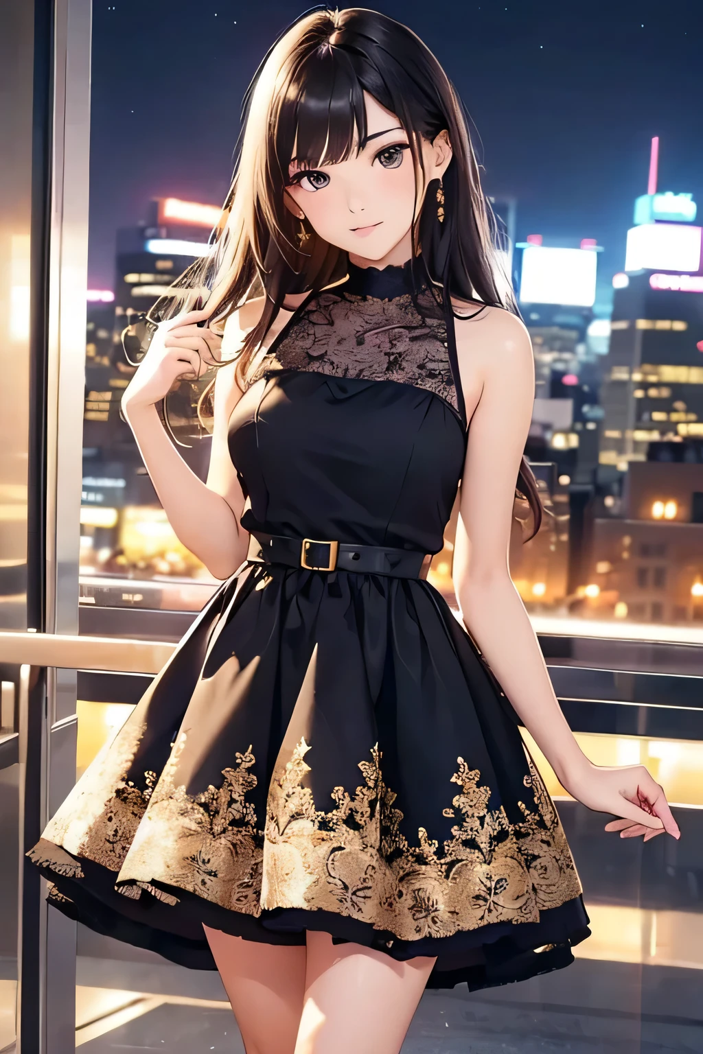 highest quality、High resolution、Detailed Background、(Beautiful face in every detail:1.4)、Anatomically correct、(Draw the usual number of fingers:1.2)、(Detailed facial expressions)、(Detailed eyes:1.2)、(Detailed eyes:1.2)、Beautiful, smooth skin、Beautiful women in their 20s、(Highly detailed face:1.4)、cute hair color、Bobcut、Braided long hair、Wavy Hairstyle、well-groomed eyebrows、cute eye makeup、Cute Lip Makeup、Perfect body line、(Minimally revealing clothing:1.2)、Night view spot、Cowboy Shot、
(Beautiful woman having fun on a night view date:1.5)、
New York's Empire State Building becomes a colorful illuminated skyline at night、
The view from the observation deck is particularly spectacular and it is a popular spot for enjoying the New York night view.、
Choose a dress with floral or lace designs、It is a good idea to choose a dress in pastel or soft colors.、Wear heeled sandals or pumps to add a feminine touch.、
For an elegant look, we recommend pairing a silk or satin top with a flared or tight skirt.、
For tops, choose ones with open shoulders and backs or lace details to give an elegant impression.、Pair it with heeled pumps or strappy sandals for a more glamorous look.、
We also recommend choosing an all-black monotone outfit to create a chic and sophisticated look.、Pair a black top or dress with black skinny pants or a skirt、Using gold or silver accessories and bags will give you a more luxurious look.、cute