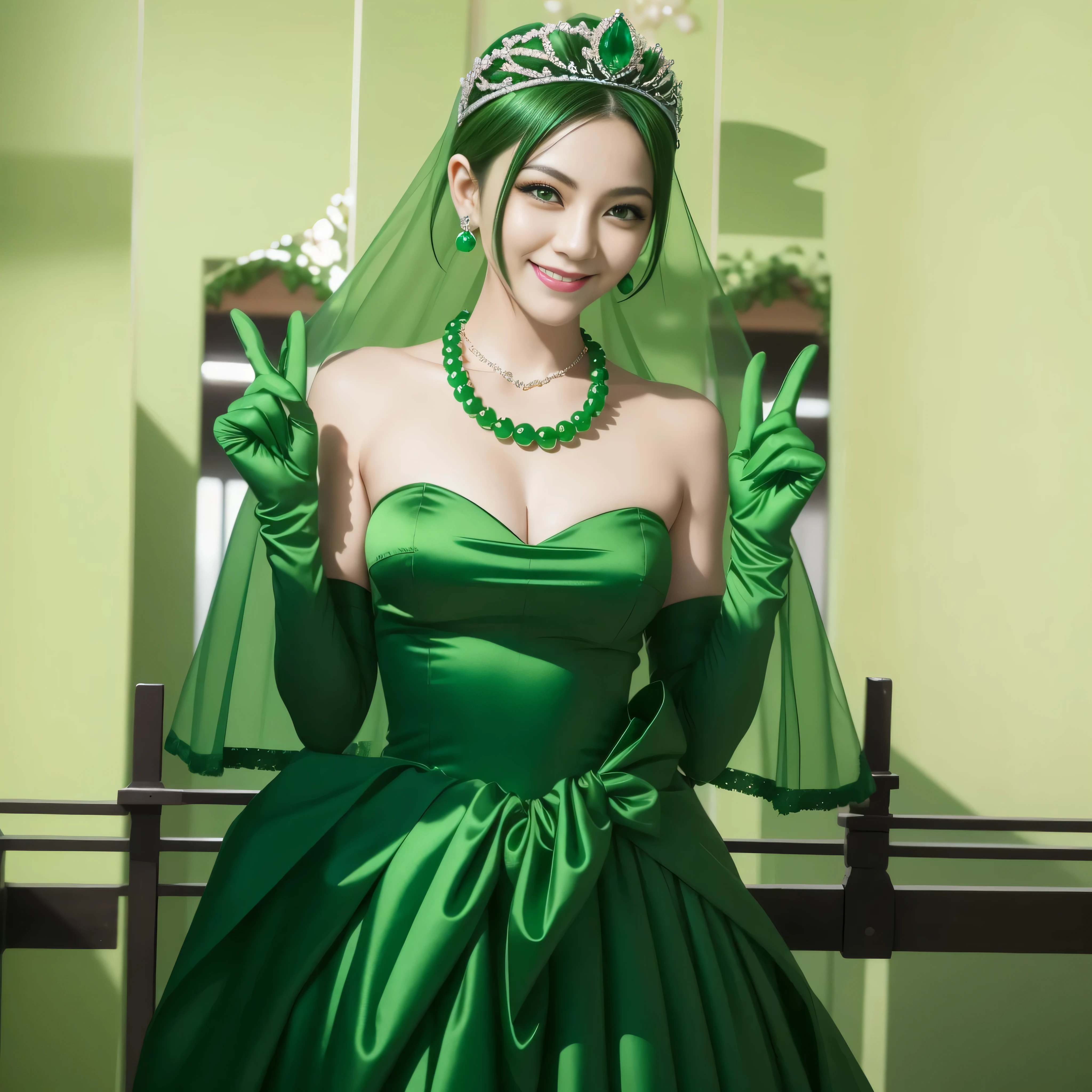 Emerald tiara, Green Pearl Necklace, Boyish very short green hair, lipstick, Smiling Japanese woman, Very short hair, Big tits beautiful, Green Eyes, Long green satin gloves, Green Eyes, v sign, Emerald Earrings, Green Veil
