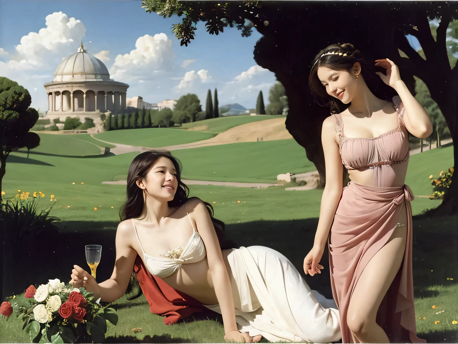 full body portrait or statue、Giorgione painting style,Arguments of two female Philosophe,math、astronomical machine、astronaut、roses in vase、fruits、Cute trinkets、smile、ancient greek costume、Ancient Roman landscape in the style of Nicolas Poussin,laughter,,Sweet and seductive appearance.、Caravaggio's paintings、Chiaroscuro of Caravaggio、hair tousled by the wind,Two women frolicking,cute smile, expression of ecstasy,Sexy,erotic,
