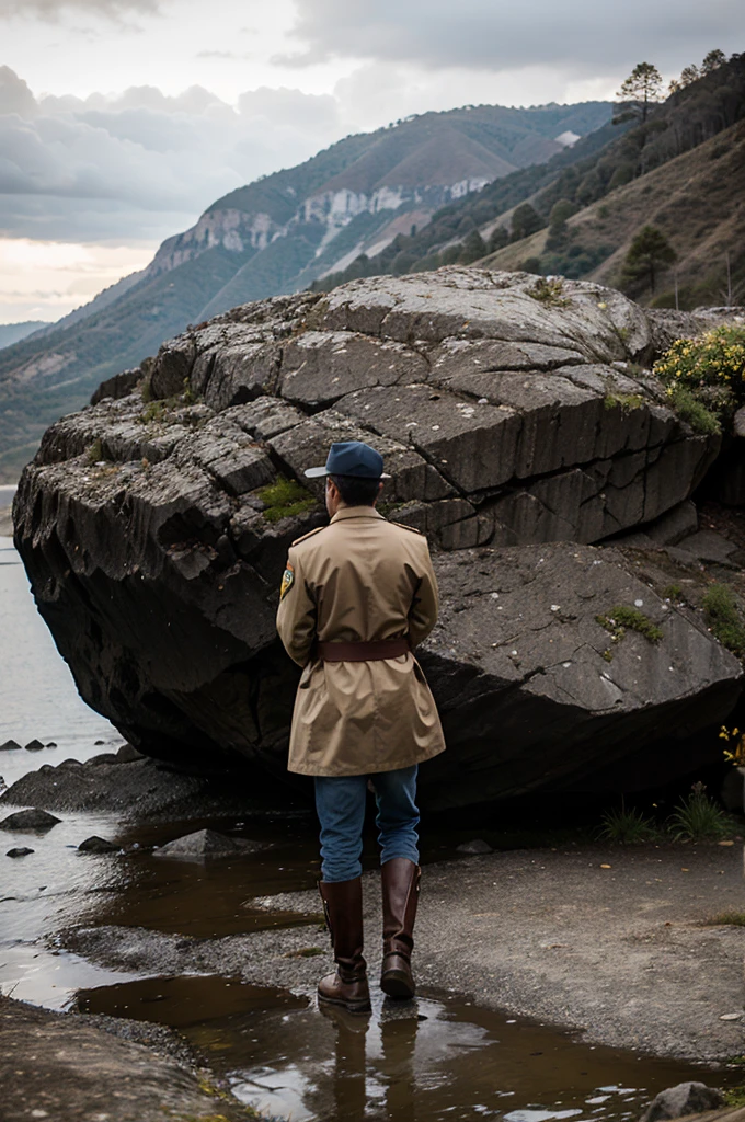Un sargento lamentandose sentado en una roca, mientras llueve, tonalidad azul 
