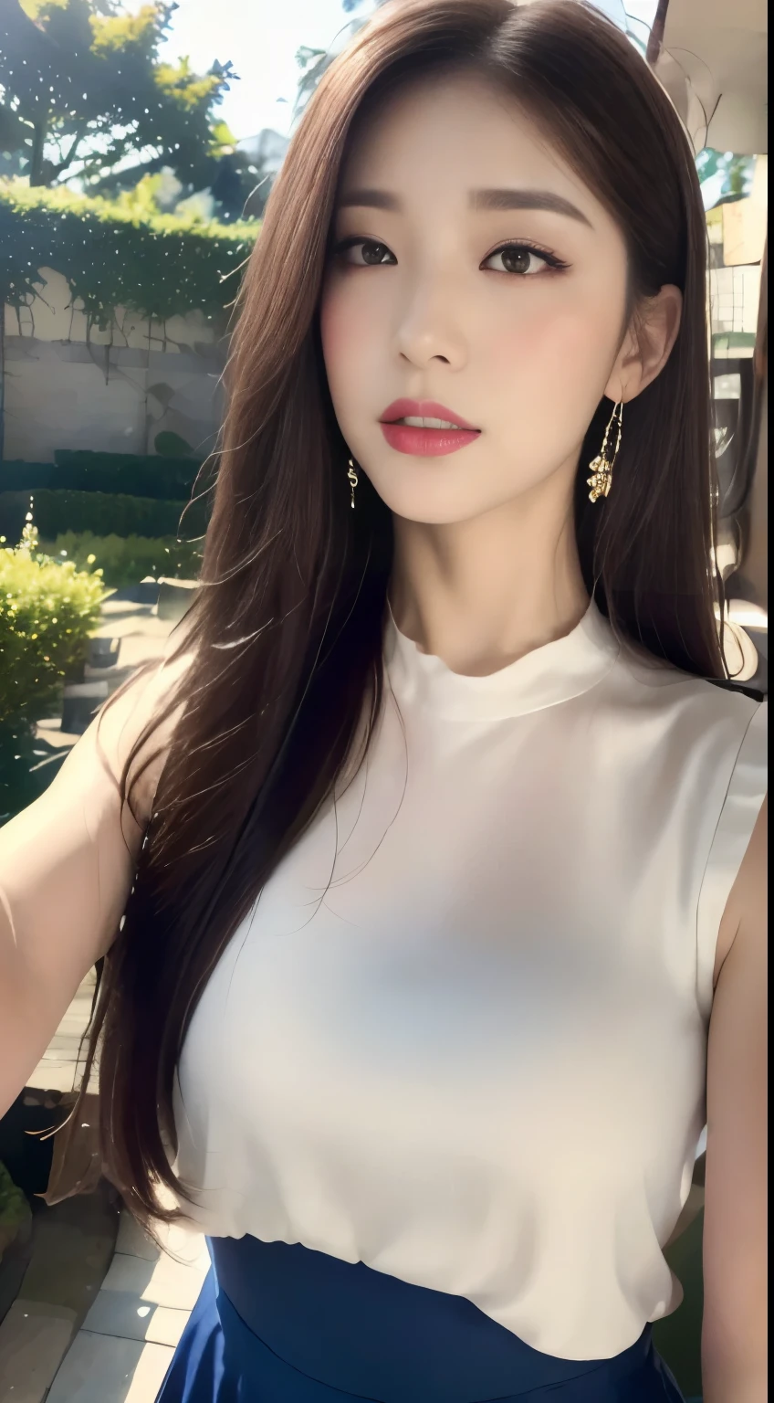 ((highest quality, 8k, masterpiece :1.3)), One girl, Open your mouth, sad,That seems unfortunate,, Red lipstick:1.2,Dark lipstick:1.2,Slim face, Beautiful woman, Big Breasts:1.3, Highly detailed face, double eyelid, spring, sunny, null, nature,garden,cherry blossoms,looking at the camera,White loose blouse,flare skirt,(masterpiece: 1.3), (Maximum resolution: 1.4), (Ultra high definition: 1.2), Cinematic Light, Ultra high definition, (Detailed eyesと肌), (Detailed facial features), 8k resolution, Perfect Style, Beautiful expression、Highly detailed face and skin texture、Detailed eyes、Glitter Eyeliner:1.2、Thin cheeks、((Pure white skin:1.1)),Glossy Lips:1.2、((Full Body Shot:1.2)),(Straight Hairstyles、Light brown hair)、One-length long hair、175cm,From below