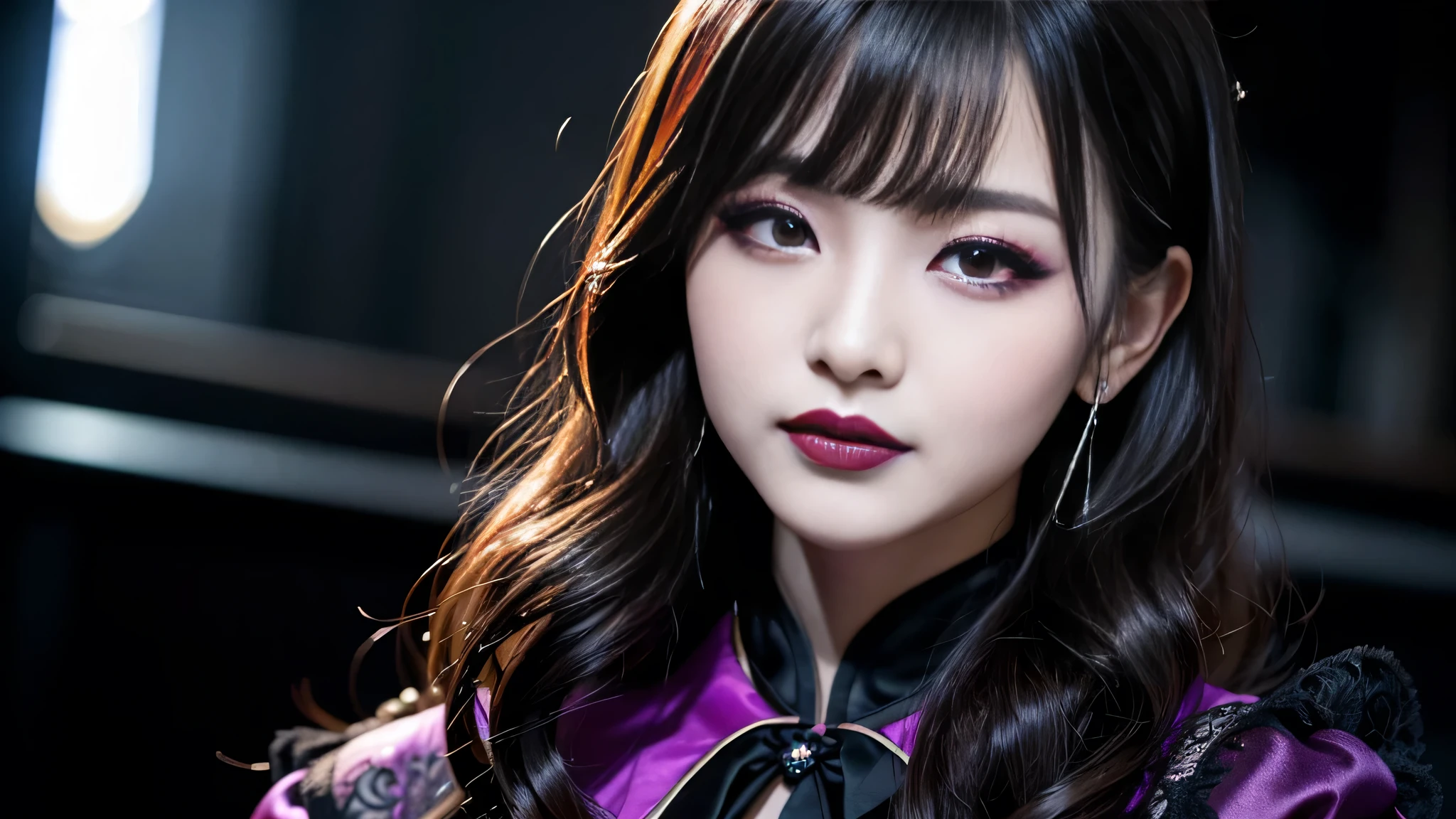 One woman、best quality、ultra-detailed、4k、Japanese、Seductive beauty、seductive adult woman、Pretty Woman、cool girl、Villainess、Brainwash、Fallen into evil、smirk、Evil look、Wicked Smile、evil、Brown hair、wavy hair、swept bangs、dark makeup、dark makeup、piercing eyes、hollow eyes,half-closed eyes、Hollow Eyes、Purple Eyeshadow、black lipstick、black lipglos、Lace fabric、Long Black Cheongsam、Wide sleeves、night、inside darkroom、Have darkness、Emblem of Evil、Crest of Darkness、Swear allegiance、I have pledged my allegiance、Dye black、Blackening、Stained with evil、Dyed in darkness、Seduce