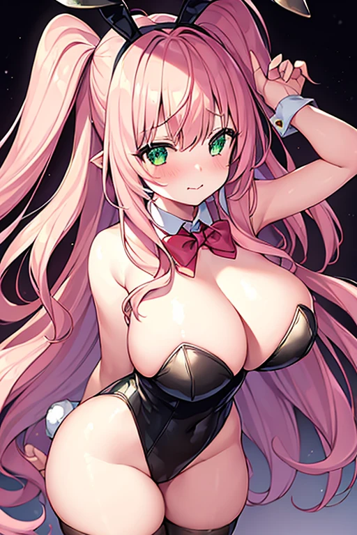 1girl, bunnysuit, bunny ears, pink hair, green eyes, wavy hair, hair over eyes, long bangs, bangs over eyes, shy, wavy mouth, black leotard, rabbit ears, huge breasts, thick thighs, pantyhose, bowtie, cleavage, red bowtie, wide hips, mature female, tall, tall female