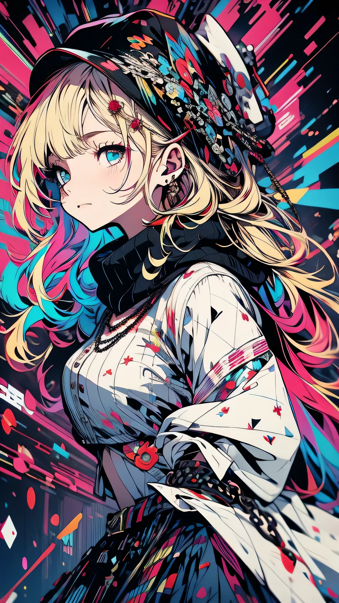 最high quality、Best image quality、masterpiece、girl((18-year-old、 By becoming、Best Bust、Medium Bust,Wide open breast tea、Red glowing eyes,Blonde、Disheveled Hair、Twin tails、thin,The highest valley、Open chest、Luminous Wristbands、hat、hair ornaments、luminous necklace、Black sleeveless hoodie(1:2)、Blue short skirt、Disheveled clothing、Show the whole body,Low - Angle、Hacker-like、sweating、lure、Black cute mask、Leaning against a wall、Black scarf、Holding a Japanese sword、Sad face、Chain Accessories、handcuffs)),high quality、Beautiful art、background((Black Room、Black Wall、Black furniture、Big black TV、Black PC、red paint))、Flight、Flying debris、Written boundary depth、movie、Visual Arts、Perfect art、8K,Genuine,