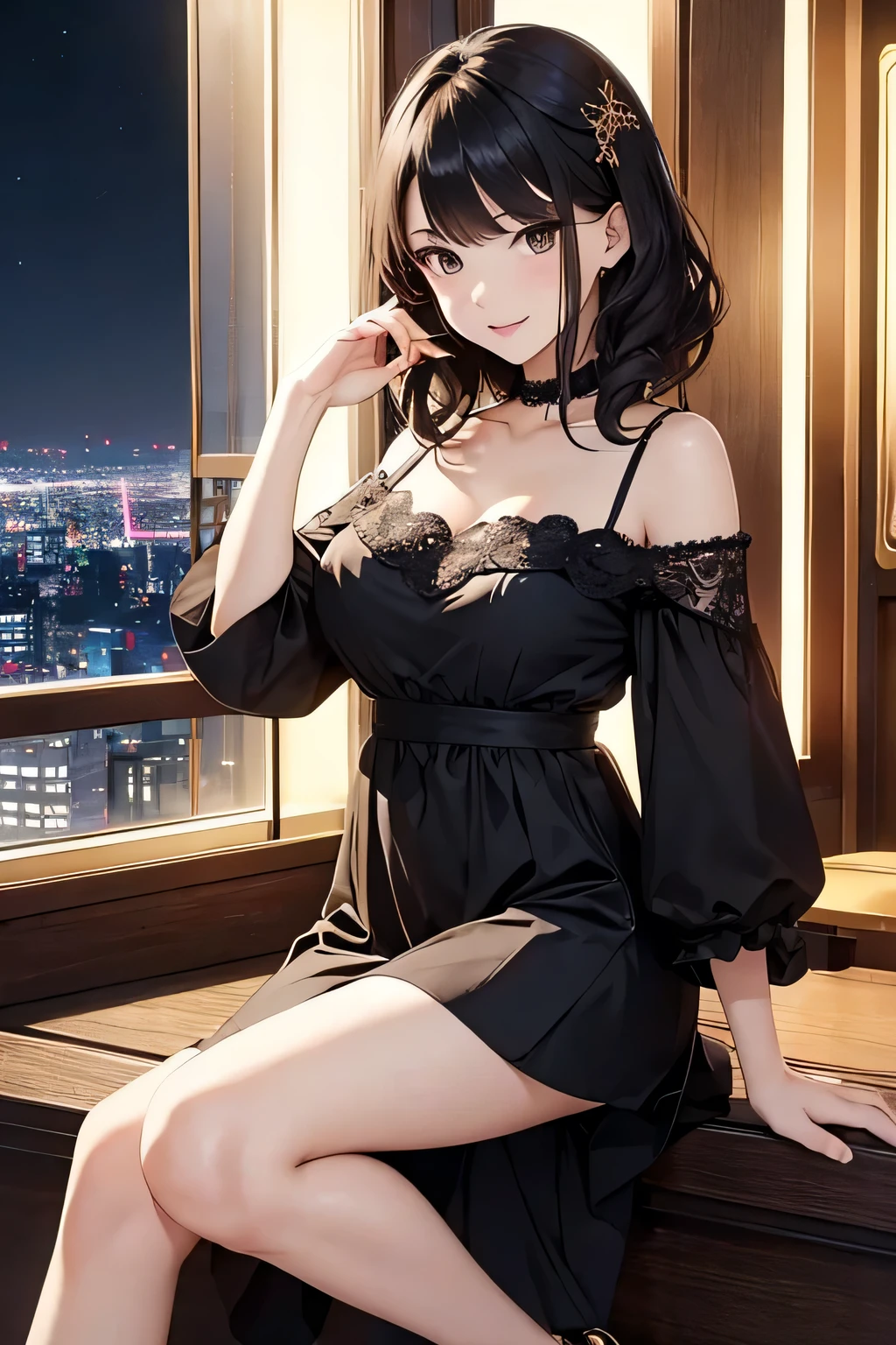 nsfw,succubus, negligee,waif, milf, porn actress,motel bed room, love hotel, night, sexy room,inviting woman,xxx, masturbation, panties, sexy panties, touch nipple, hand in panties, succubus harem, sexy, transparent silk robe, detached sleeves, garter belt, ruffled mini skirt, onanie, pantyhose, solo,covered nipples,City Skyline Visible Through The Window, Woman In A Plush Hotel Room, Confident And Inviting Expression, realistic, beauty face, masterpiece, evil smile, grim, ultra detailed eyes,