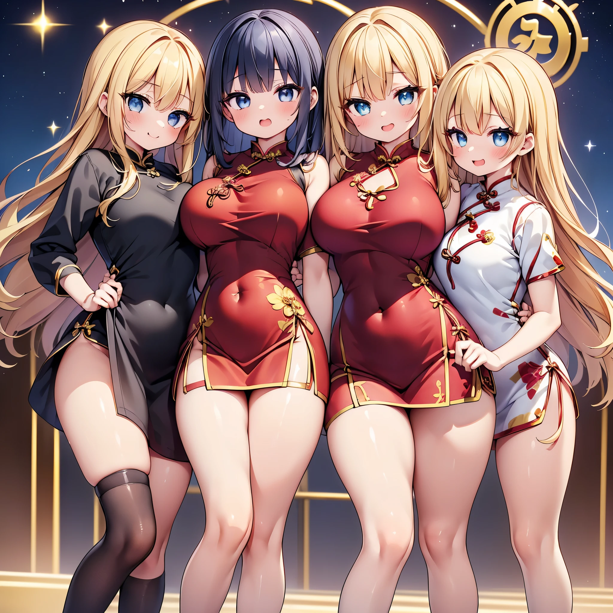 (cute eyes:1.2), (sparkling eyes:1.2), highest quality,wonderful,finely,extremely detailed CG Unity 8K wallpaper, (Stand in line:1.2), (3 girls, (red short cheongsam dress:1.3), golden pattern cheongsam), clothed), (glamorous:1.4), (huge breasts), (open mouth:1.1), (long tongue:1.1), (mouth drool:1.1), (Black knee socks:1.1),(Thighs:1.3),(Waistline:1.2),(midriff peek:1.2)