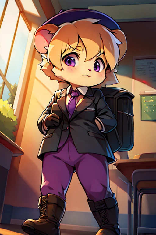 boy, hamster, furry, bodyfur, blazer, bottomless, purple tights, gloves, boots, school, school bag, kids