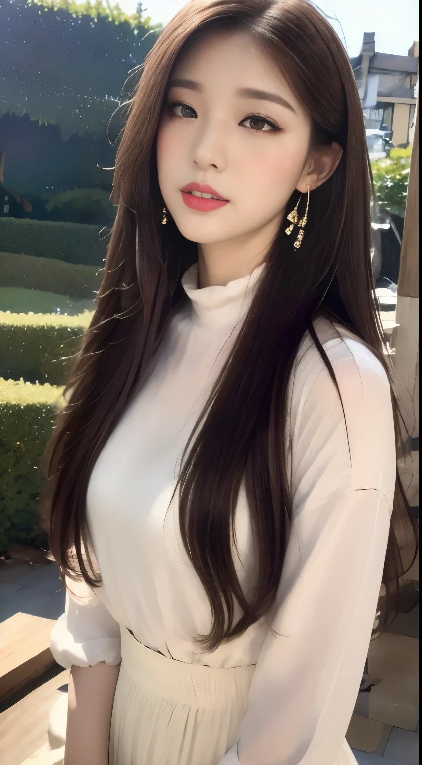 ((highest quality, 8k, masterpiece :1.3)), One girl, Open your mouth, sad,Are crying, Red lipstick:1.2,Dark lipstick:1.2,Slim face, Beautiful woman, Big Breasts:1.3, Highly detailed face, double eyelid, spring, sunny, null, nature,garden,cherry blossoms,looking at the camera,White loose blouse,flare skirt,(masterpiece: 1.3), (Maximum resolution: 1.4), (Ultra high definition: 1.2), Cinematic Light, Ultra high definition, (Detailed eyesと肌), (Detailed facial features), 8k resolution, Perfect Style, Beautiful expression、Highly detailed face and skin texture、Detailed eyes、Glitter Eyeliner:1.2、Thin cheeks、((Pure white skin:1.1)),Glossy Lips:1.2、((Full Body Shot:1.2)),(Straight Hairstyles、Light brown hair)、One-length long hair、175cm,From below