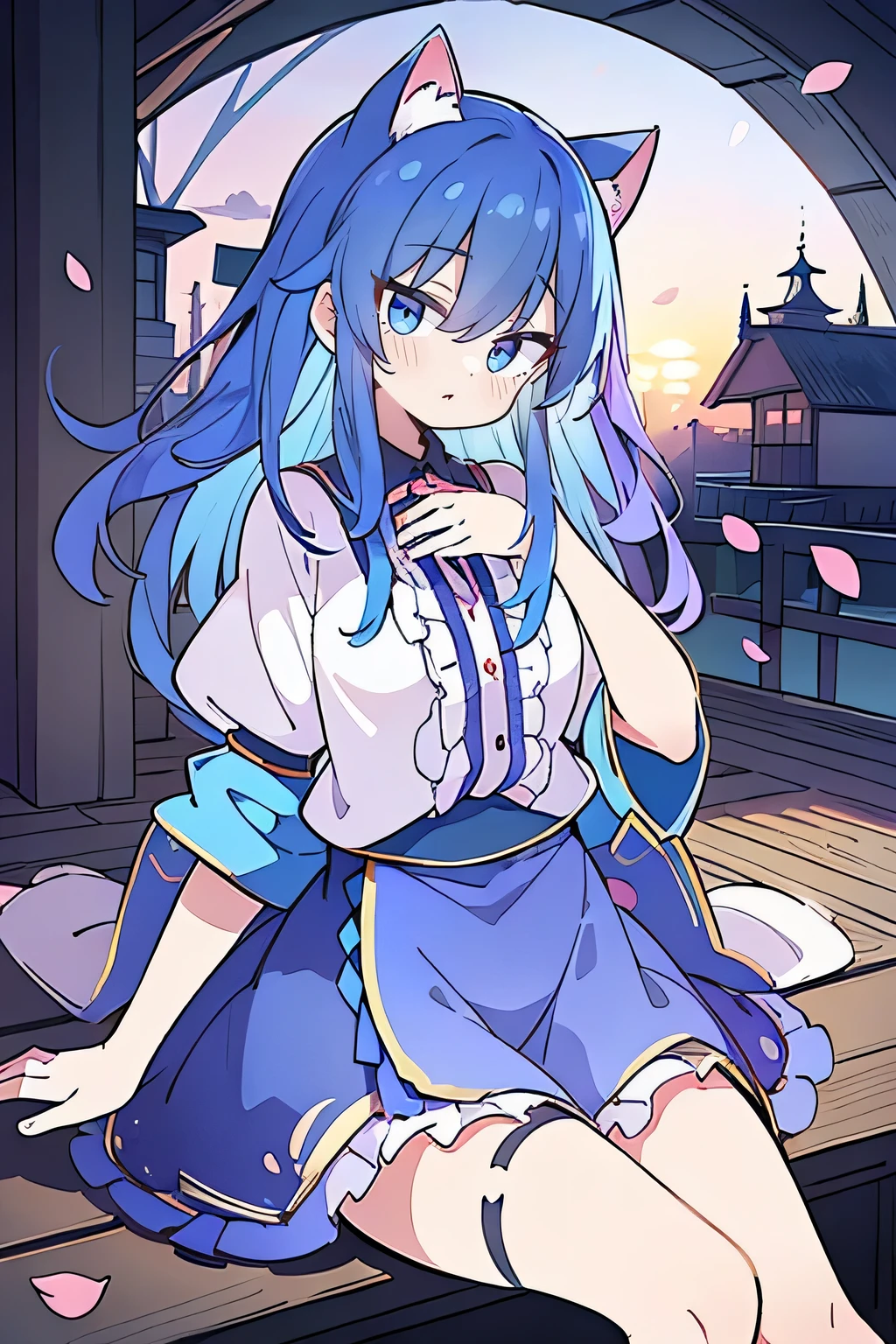 (masterpiece:1.2),Super detailed,Practical,expressive eyes,Fair skin,Perfect face shaping,1 Girl,
Japanese cartoons,Gorgeous blue hair, the long flowing blue hair,Floating clothes,Cat ears,Petals falling,beautiful lola,Young Angel,
Hands on waist,sit elegantly on the ground,Cross your legs,Gentle and peaceful background,Cool and cozy pavilion,Sunset,