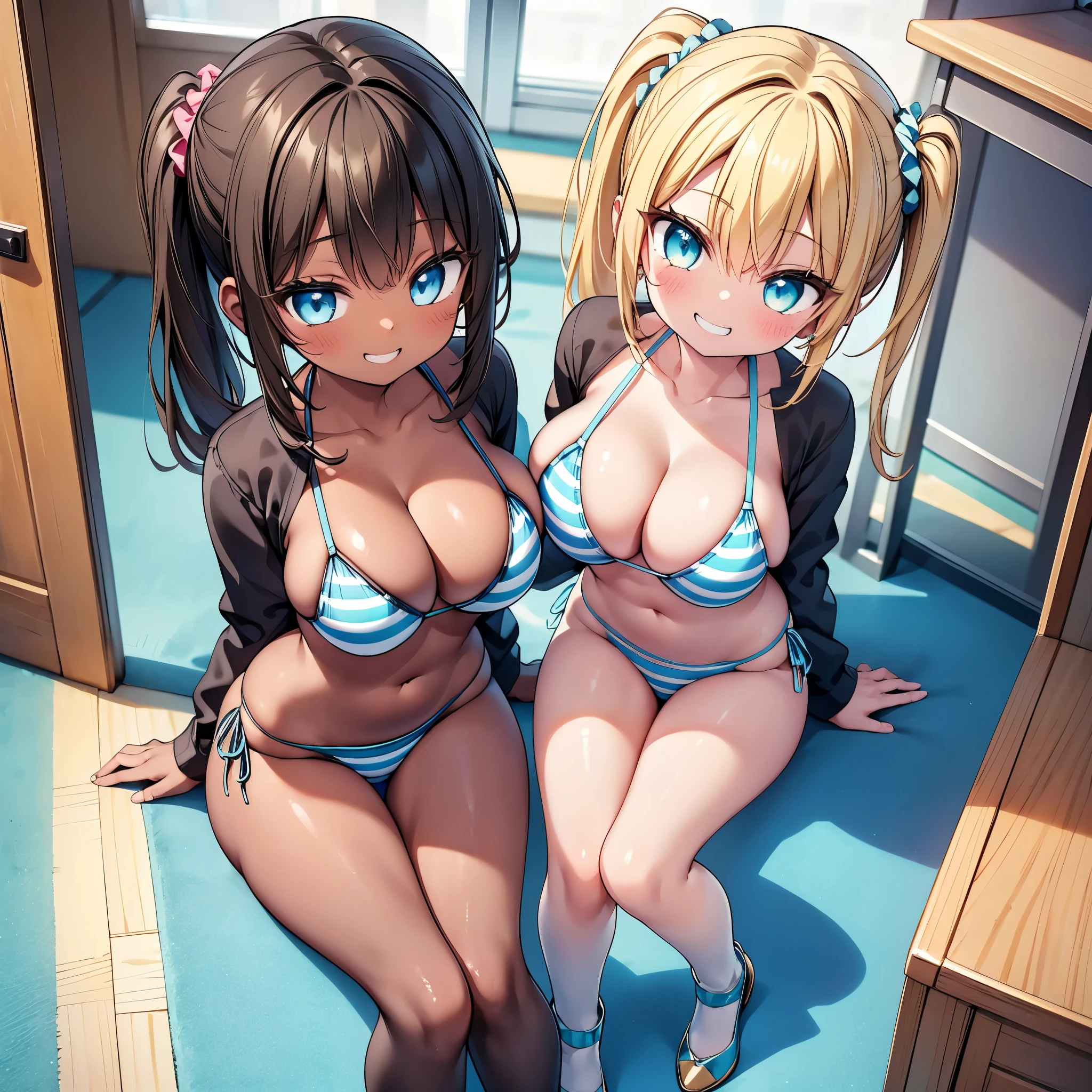 (cute eyes:1.2), (sparkling eyes:1.2), (8K、Best image quality、highest quality、masterpiece)、Detailed face、(2 girls)、Improve、((Brown Skin:1.3))、blonde、Low Ponytail、Scrunchie、Yellow Eyes、Earrings、Wicked Smile、((Grin))、 (skinny body:1.4), (huge breasts:1.3)、(Light blue striped micro bikini:1.4), Sit on a chair, whole body, Classroom Background, (black stockings:1.2), (Thighs:1.2), (Waistline),(from above:1.2)