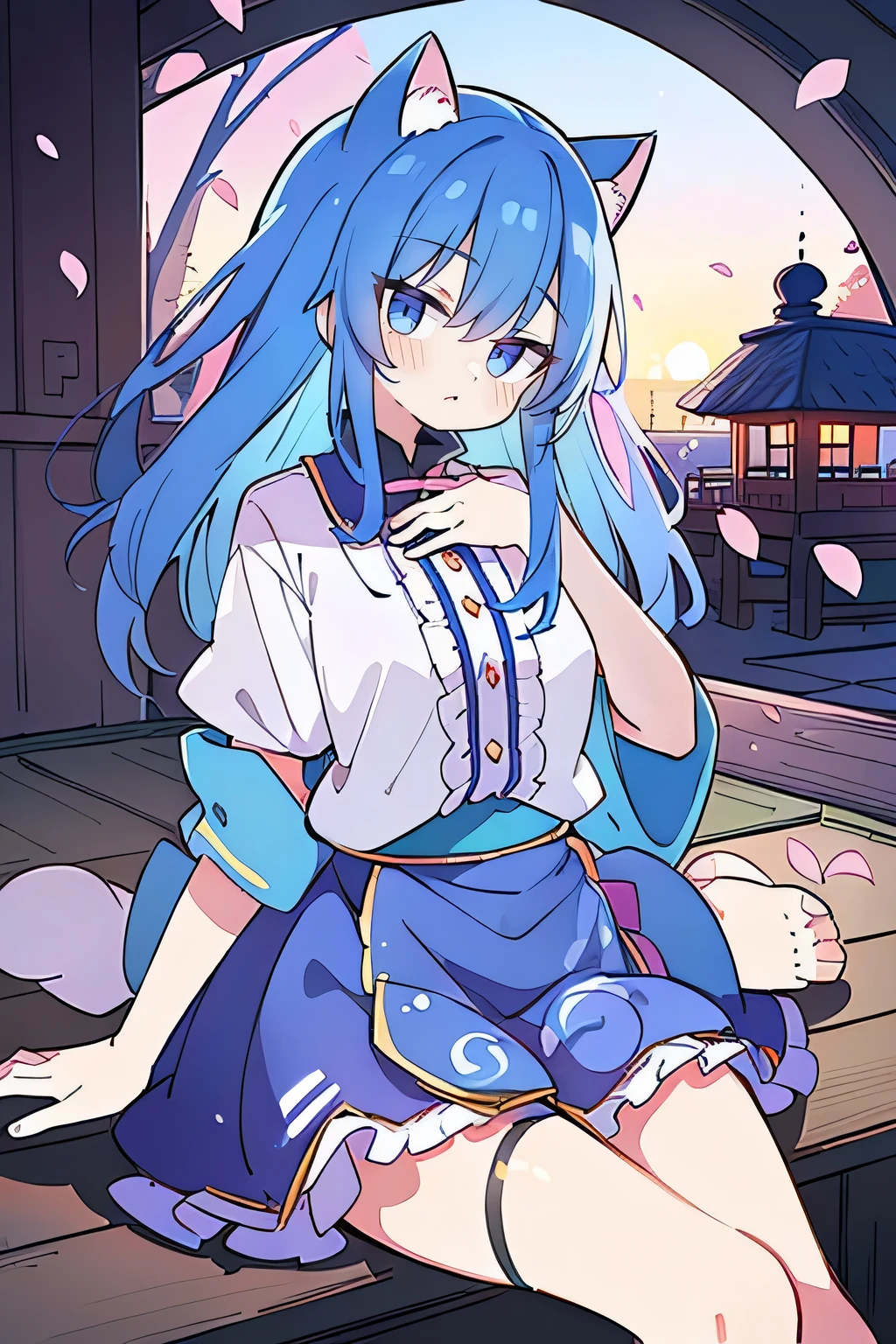 (masterpiece:1.2),Super detailed,Practical,expressive eyes,Fair skin,Perfect face shaping,1 Girl,
Japanese cartoons,Gorgeous blue hair, the long flowing blue hair,Floating clothes,Cat ears,Petals falling,beautiful lola,Young Angel,
Hands on waist,sit elegantly on the ground,Cross your legs,Gentle and peaceful background,Cool and cozy pavilion,Sunset,