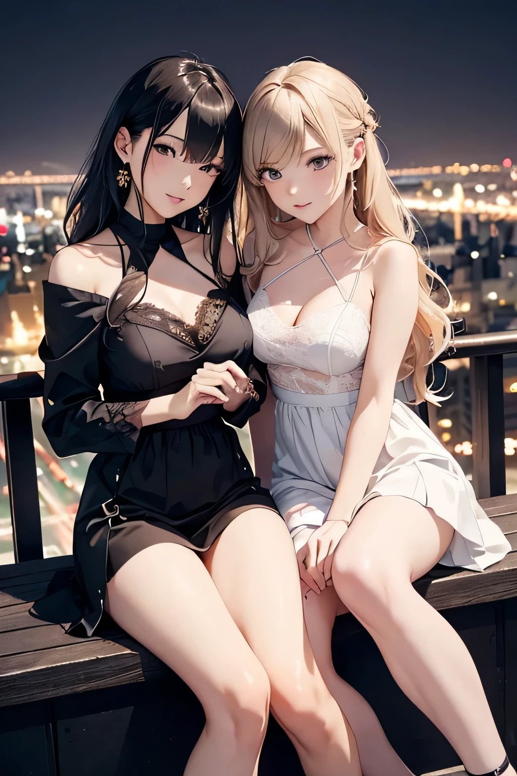 highest quality、High resolution、Detailed Background、(Beautiful face in every detail:1.4)、Anatomically correct、(Draw the usual number of fingers:1.2)、(Detailed facial expressions)、(Detailed eyes:1.2)、(Detailed eyes:1.2)、Beautiful, smooth skin、Beautiful women in their 20s、(Highly detailed face:1.4)、cute hair color、Bobcut、Braided long hair、Wavy Hairstyle、well-groomed eyebrows、cute eye makeup、Cute Lip Makeup、Perfect body line、(Minimally revealing clothing:1.2)、Night view spot、Cowboy Shot、
(Two beautiful women having a good time on a night view date:1.5)、Looking at me with a happy expression、
Tokyo Tower is a representative tourist spot in Tokyo and shines beautifully at night with illuminations.。You can see the Tokyo Bay and the night view of the city, and the night view from the observation deck is especially beautiful.、
Choose a dress with floral or lace designs、It is a good idea to choose a dress in pastel or soft colors.、Wear heeled sandals or pumps to add a feminine touch.、
For an elegant look, we recommend pairing a silk or satin top with a flared or tight skirt.、
For tops, choose ones with open shoulders and backs or lace details to give an elegant impression.、Pair it with heeled pumps or strappy sandals for a more glamorous look.、
We also recommend choosing an all-black monotone outfit to create a chic and sophisticated look.、Pair a black top or dress with black skinny pants or a skirt、Using gold or silver accessories and bags will give you a more luxurious look.、cute