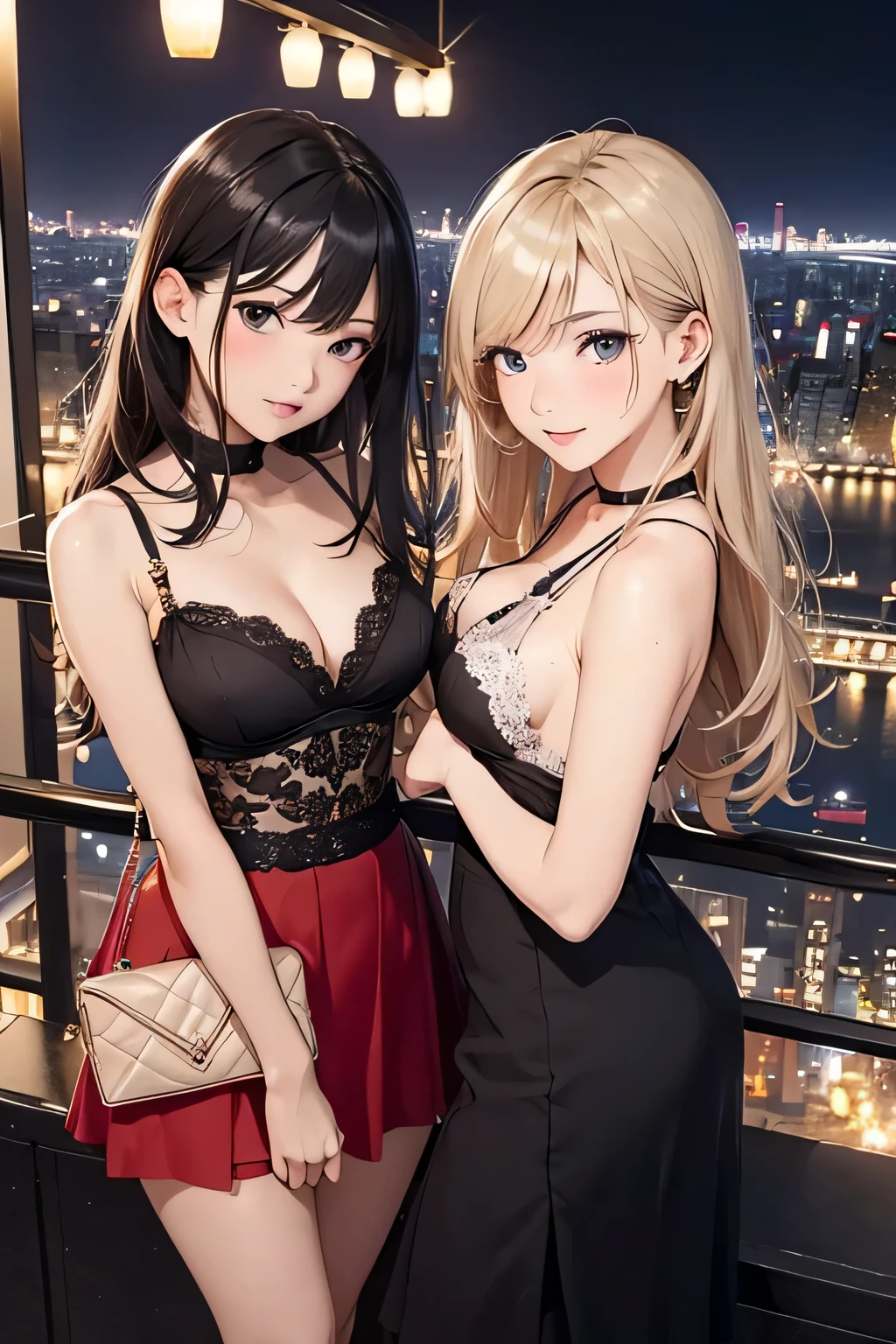 highest quality、High resolution、Detailed Background、(Beautiful face in every detail:1.4)、Anatomically correct、(Draw the usual number of fingers:1.2)、(Detailed facial expressions)、(Detailed eyes:1.2)、(Detailed eyes:1.2)、Beautiful, smooth skin、Beautiful women in their 20s、(Highly detailed face:1.4)、cute hair color、Bobcut、Braided long hair、Wavy Hairstyle、well-groomed eyebrows、cute eye makeup、Cute Lip Makeup、Perfect body line、(Minimally revealing clothing:1.2)、Night view spot、Cowboy Shot、

(Two beautiful women having a good time on a night view date:1.5)、Looking at me with a happy expression、

Tokyo Tower is a representative tourist spot in Tokyo and shines beautifully at night with illuminations.。You can see the Tokyo Bay and the night view of the city, and the night view from the observation deck is especially beautiful.、

Choose a dress with floral or lace designs、It is a good idea to choose a dress in pastel or soft colors.、Wear heeled sandals or pumps to add a feminine touch.、
For an elegant look, we recommend pairing a silk or satin top with a flared or tight skirt.、
For tops, choose ones with open shoulders and backs or lace details to give an elegant impression.、Pair it with heeled pumps or strappy sandals for a more glamorous look.、
We also recommend choosing an all-black monotone outfit to create a chic and sophisticated look.、Pair a black top or dress with black skinny pants or a skirt、Using gold or silver accessories and bags will give you a more luxurious look.、cute