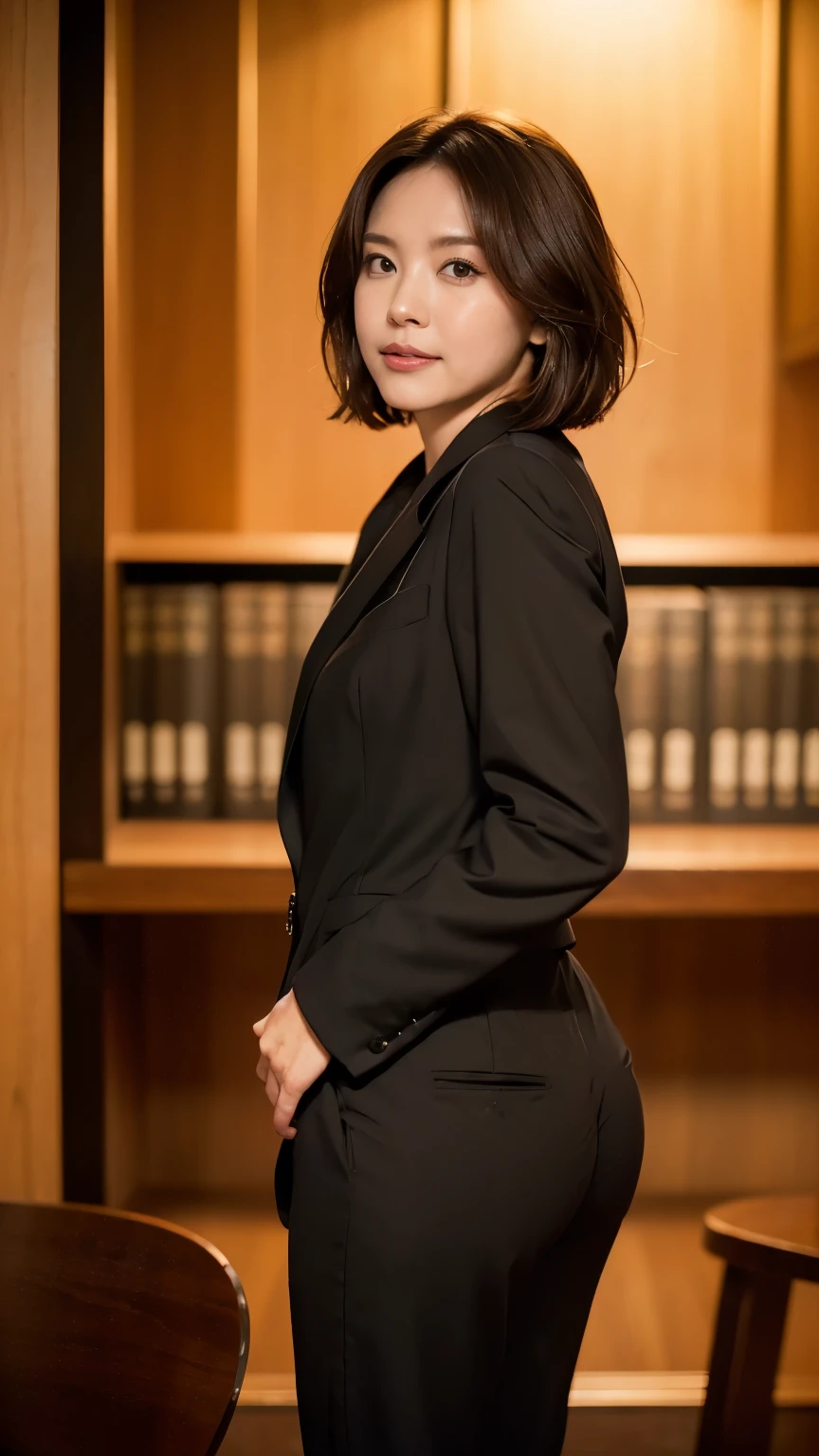 Tabletop, Beautiful woman, (30 years old、Japanese), (Library Background、mechanical、Bookshelf), ,(((Black formal pantsuit))), (((Beautiful Hair、Bob Hair, Brown Hair))), feet, (Skin Texture:1.1), highest quality, 超A high resolution, (Realistic: 1.4), RAW Photos, , Nikon D850 film stock photo, F1.6 lenses, Rich colors, Realistic, Cinestill 800, Backlight, Rim Light, Studio Lighting, Erotic photos, mechanicalの上でかがむ:1.3