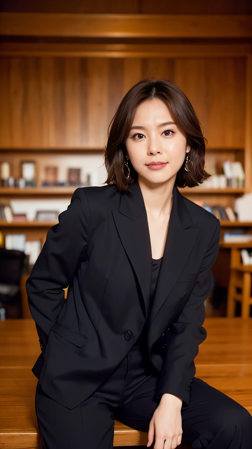Tabletop, Beautiful woman, (30 years old、Japanese), (Library Background、mechanical、Bookshelf), ,(((Black formal pantsuit))), (((Beautiful Hair、Bob Hair, Brown Hair))), feet, (Skin Texture:1.1), highest quality, 超A high resolution, (Realistic: 1.4), RAW Photos, , Nikon D850 film stock photo, F1.6 lenses, Rich colors, Realistic, Cinestill 800, Backlight, Rim Light, Studio Lighting, Erotic photos, mechanicalの上でかがむ:1.3