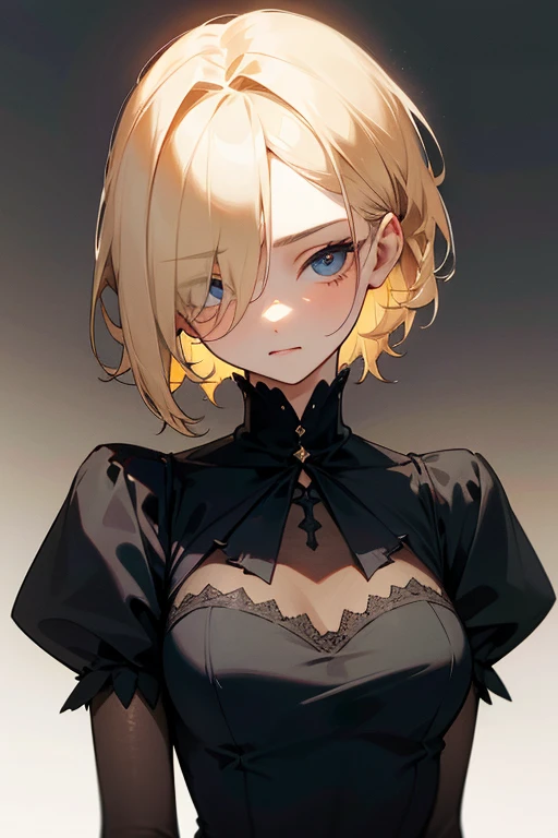 portrait of european girl, solo, 20yo, beautiful face, uppser body, hair over one eye, gentle/soft eye shape, short sidecut, blonde hair, sharp focus, black gothic dress, delicate features, subtle expression, graceful posture