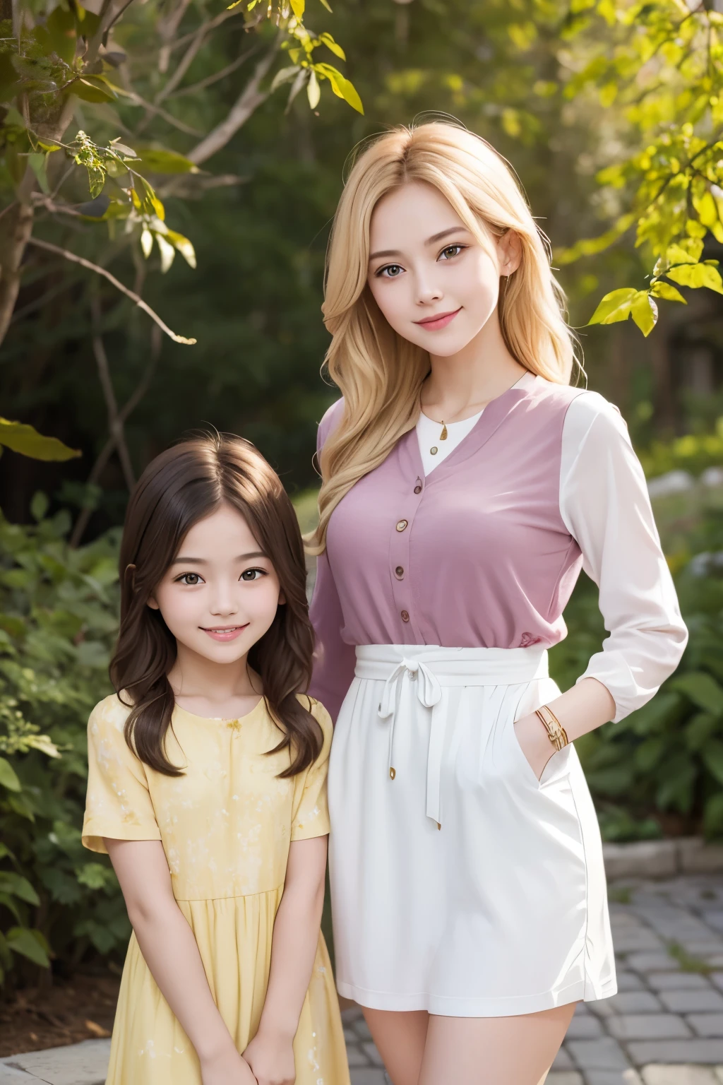 Girl and girl, golden hair, light smile, outdoors,
