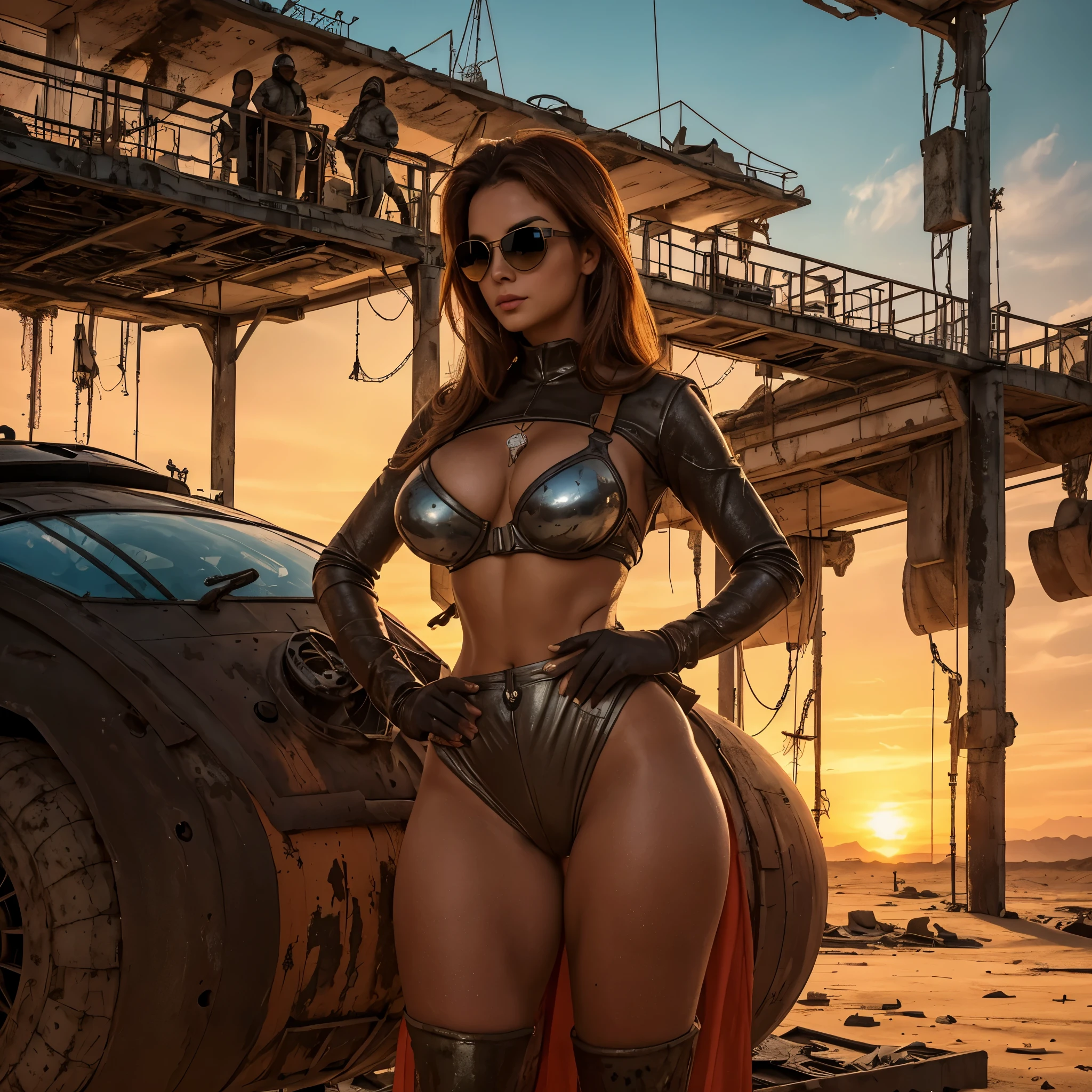 post apocalyptic scene, Na luz fraca do horizonte do amanhecer zero, an abandoned futuristic machine, with visible wear, is alone on a desolate planet. Pinte a cena com detalhes intrincados, rust-colored metallic tones, e detalhes em neon, evoking a sense of mystery and solitude. Mulher linda, mulher 1,78m, cabelos loiros soltos, corpo escultural, com seios enormes, seios com silicone, silicone de 800ml, cintura fina, cintura 57cm e quadril largo, quadril com 105cm, bunda redonda, bunda empinada, bunda grande. ((roupa: post apocapitica, roupa de couro, pouca roupa, barriga de fora, tirando larga cobrindo os mamilos, coxas de fora, roupa rasgada, Aviator Goggles.
