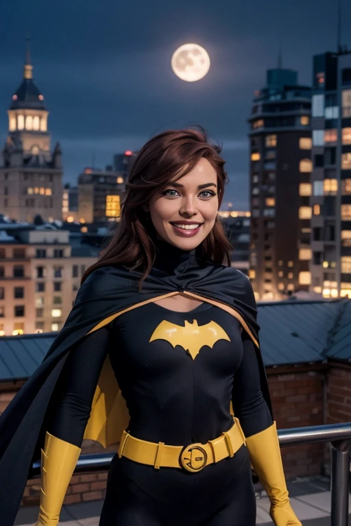 babs, red hair, blue eyes, black bodysuit, belt, cape, gloves, looking at viewer, smiling, happy, 
outside, apartment roof, cityscape, night, moon, extreme detail, hdr, beautiful quality,   Breast Grabing Pose 