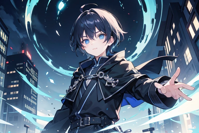 Night in the City１A boy is looking at the camera and grinning　Hair color is black　Short hairstyle　Ahoge　Glowing blue eyes　Black clothing　Wearing a blue cloak　Blue glow、Uses magic　Mouth open