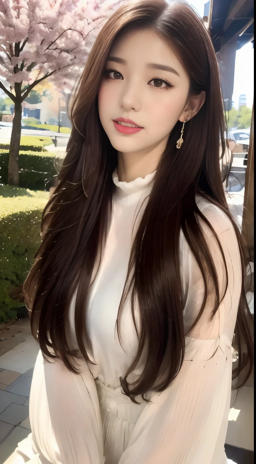 ((highest quality, 8k, masterpiece :1.3)), One girl, Open your mouth,Asking for a kiss:1.2,blush, Red lipstick:1.2,Dark lipstick:1.2,Slim face, Beautiful woman, Big Breasts:1.3, Highly detailed face, double eyelid, spring, sunny, null, nature,garden,cherry blossoms,looking at the camera,White loose blouse,flare skirt,(masterpiece: 1.3), (Maximum resolution: 1.4), (Ultra high definition: 1.2), Cinematic Light, Ultra high definition, (Detailed eyesと肌), (Detailed facial features), 8k resolution, Perfect Style, Beautiful expression、Highly detailed face and skin texture、Detailed eyes、Glitter Eyeliner:1.2、Thin cheeks、((Pure white skin:1.1)),Glossy Lips:1.2、((Full Body Shot:1.2)),(Straight Hairstyles、Light brown hair)、One-length long hair、175cm,From below