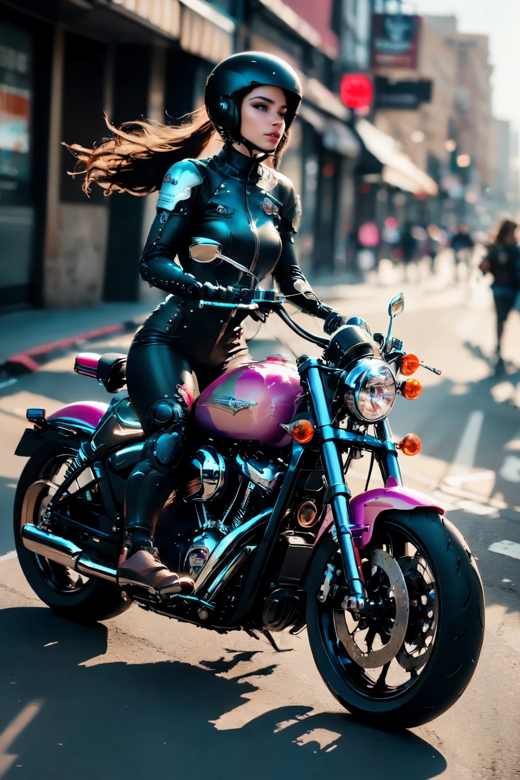 A female cyborg riding a high-tech motorcycle on the street, (side view, Half-turn:1.2), Harley Davidson,(best quality, high quality, absurdres, masterpiece:1.2), beautiful, intricate details, magnificent anatomy, slim body, beautiful figure, (intricate details:1.12), (intricate details, hyper-detailing:1.15), (natural skin textures, hyper realistic, soft light, sharp:1.2), HDR