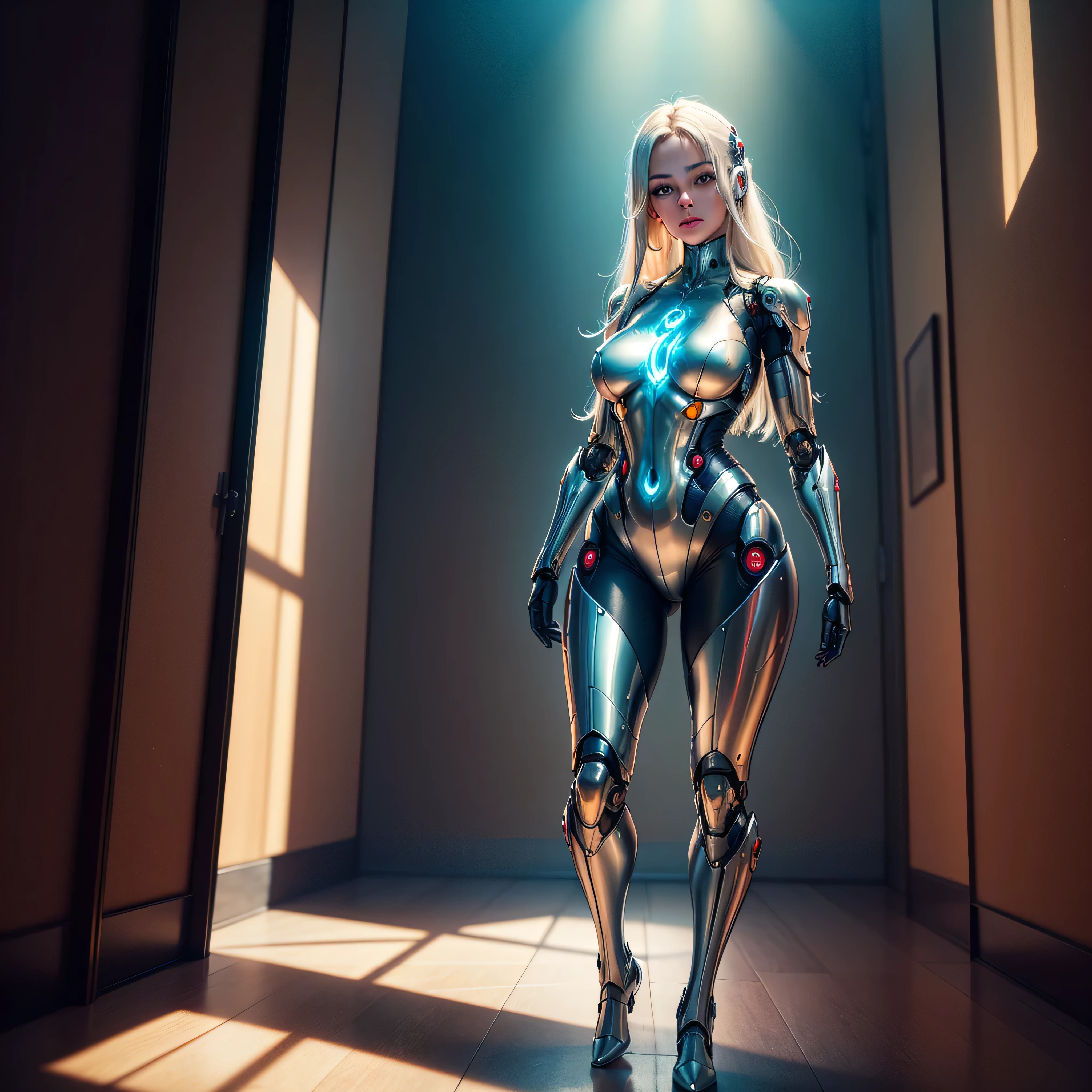 (best quality,highres,masterpiece:1.2),ultra-detailed,realistic,studio photo,beautiful robotic metal woman standing alone,strange fantasy image,odd glowing rocks,beautiful,detailed,long flowing hair,medium breasts,great skin texture,sci-fi,futuristic,shiny metallic surface,vibrant colors,soft studio lighting,contrast between light and shadow