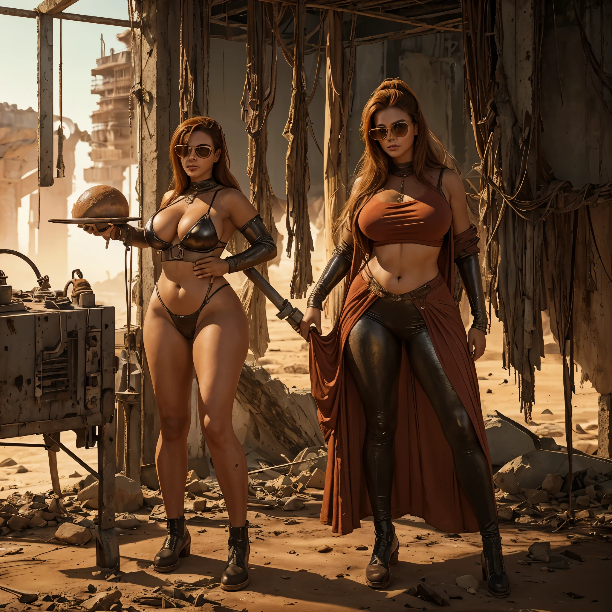post apocalyptic scene, Na luz fraca do horizonte do amanhecer zero, an abandoned futuristic machine, with visible wear, is alone on a desolate planet. Pinte a cena com detalhes intrincados, rust-colored metallic tones, e detalhes em neon, evoking a sense of mystery and solitude. Mulher linda, mulher 1,78m, cabelos loiros soltos, corpo escultural, com seios enormes, seios com silicone, silicone de 800ml, cintura fina, cintura 57cm e quadril largo, quadril com 105cm, bunda redonda, bunda empinada, bunda grande. ((roupa: post apocapitica, roupa de couro, pouca roupa, barriga de fora, tirando larga cobrindo os mamilos, coxas de fora, roupa rasgada, Aviator Goggles.