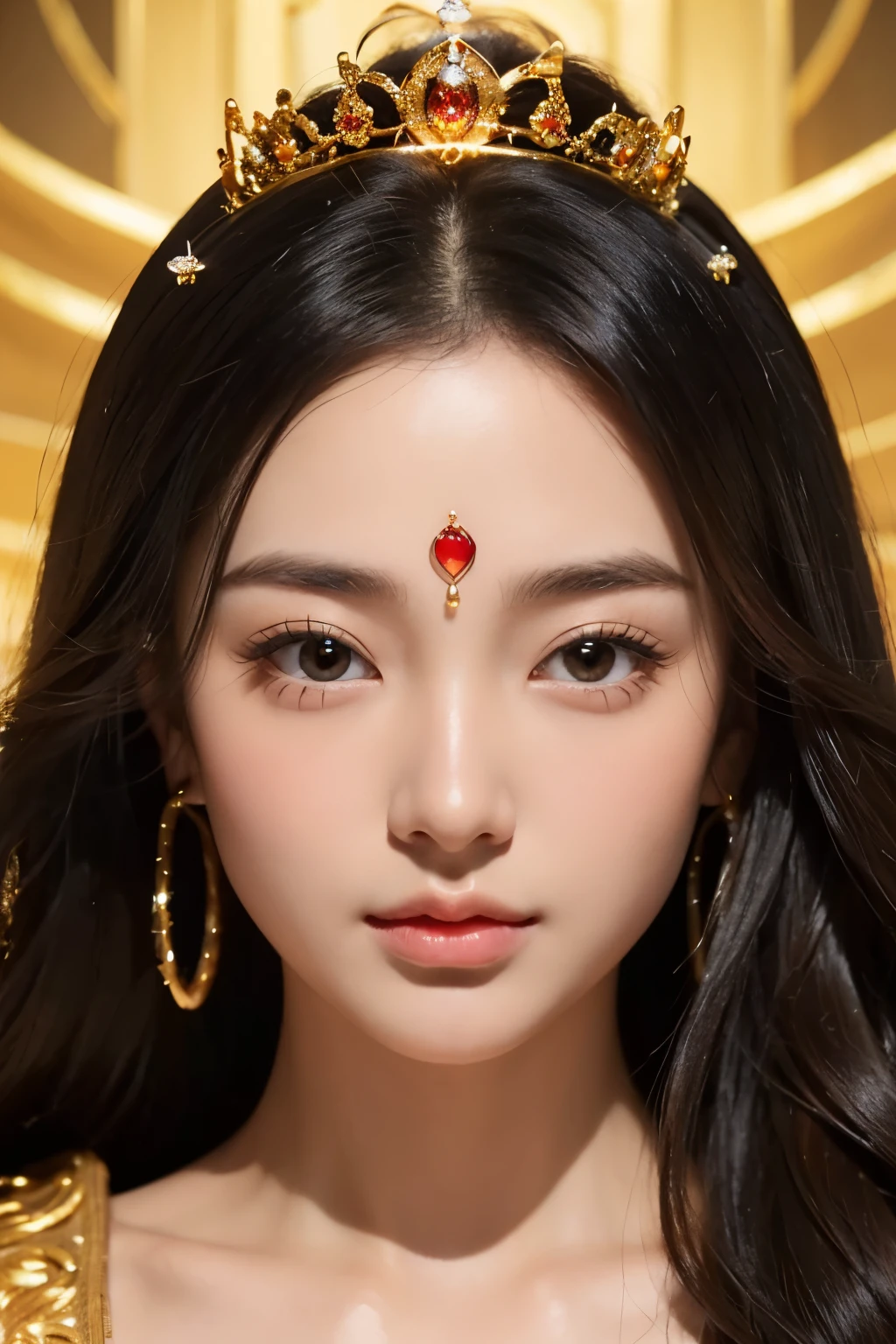Love Buddha（woman）、Photorealistic。A golden robe and a shiny tiara on her head。 Like a heavenly maiden。The aura of love is overflowing。
Very beautiful, (very cute), (Highly detailed beautiful face), Great face and eyes, Black-haired, Brown eyes, drooping eyes,