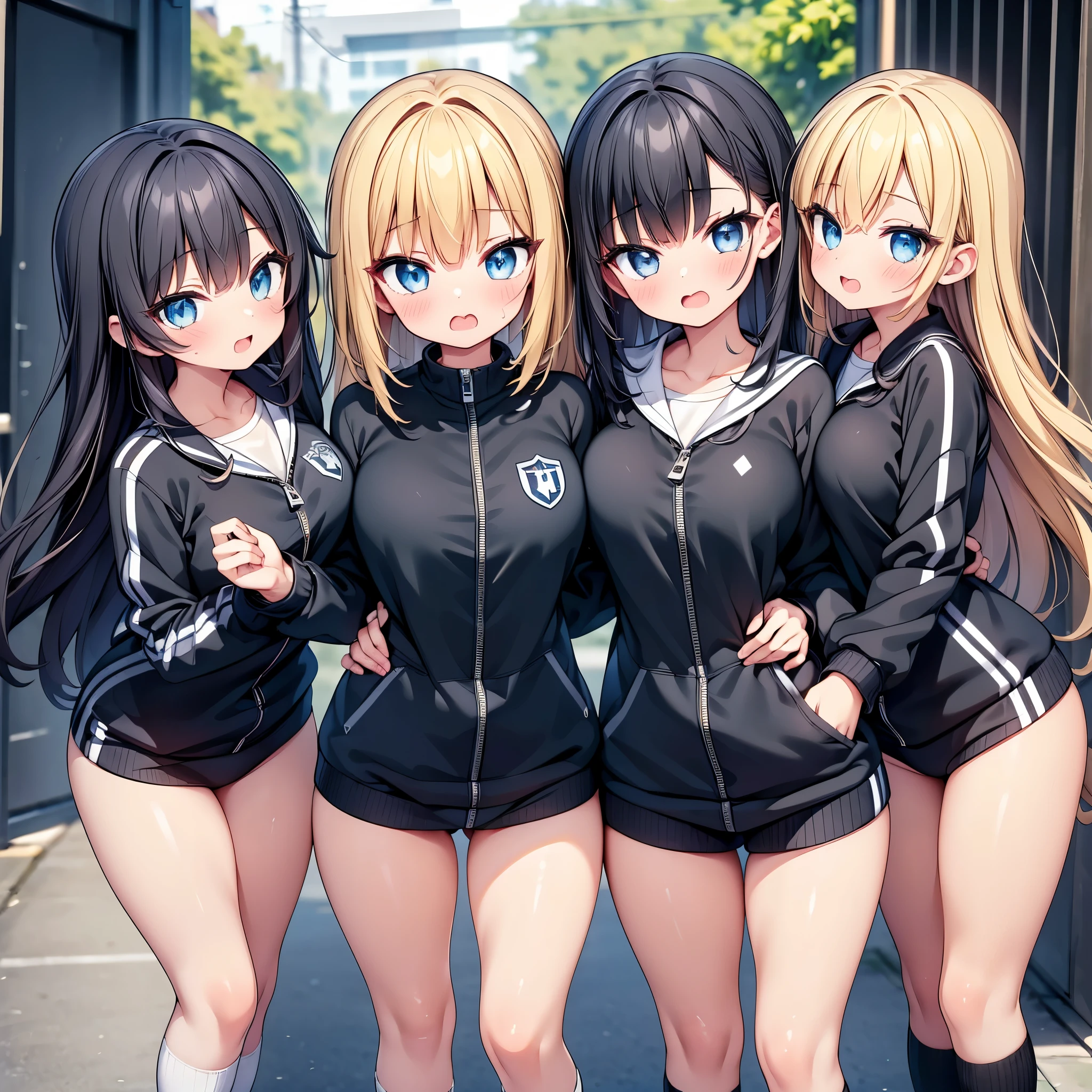 (cute eyes:1.2), (sparkling eyes:1.2), highest quality,wonderful,finely,extremely detailed CG Unity 8K wallpaper, (Stand in line:1.2), (3 girls, cute eyes, track suit, clothed), (midium breasts), (open mouth:1.1), (long tongue:1.1), (mouth drool:1.1), (Black knee socks:1.1),(Thighs:1.1),(Waistline:1.1)