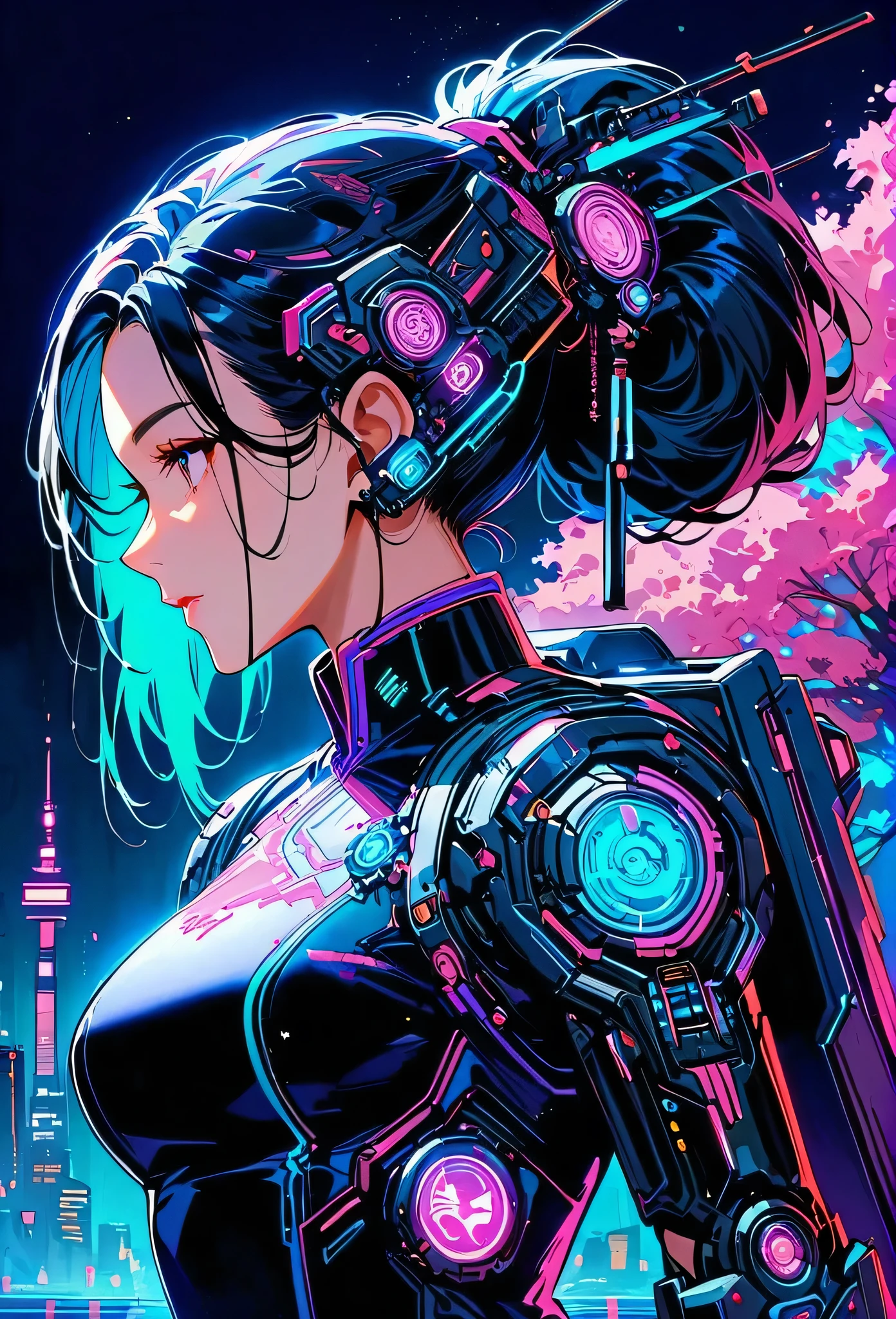 ((Vision)),((whole body)),1 girl, Wearing a black cheongsam,Robot arms and legs,Cyberpunk beauty holding an electric rifle,Standing under the cherry blossom tree with pink flowers,(white sockechanical ceramic high heels:1.5 ),background,Empty Mountain Motorcycle Style Oil Painting,closeup portrait,futuristic style,cyberpunk,high detail