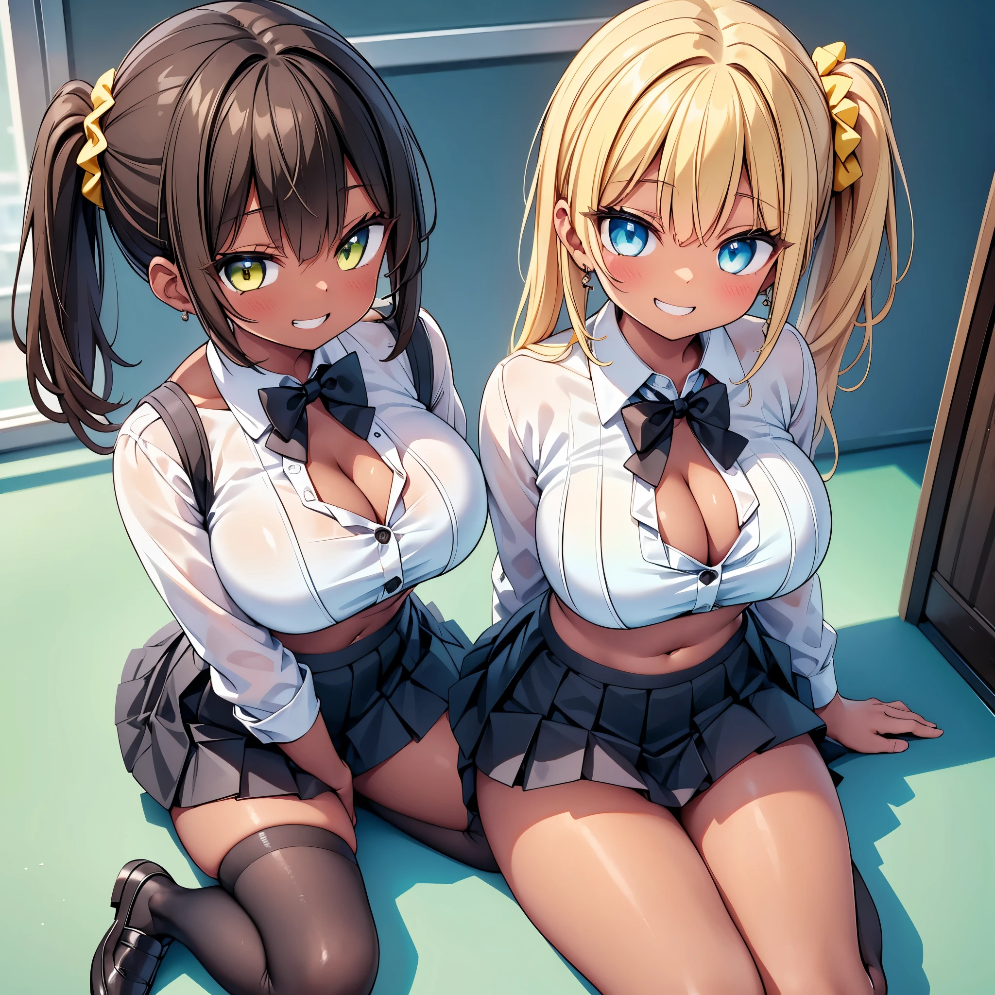 (cute eyes:1.2), (sparkling eyes:1.2), (8K、Best image quality、highest quality、masterpiece)、Detailed face、(2 girls)、Improve、((Brown Skin:1.3))、blonde、Low Ponytail、Scrunchie、Yellow Eyes、Earrings、Wicked Smile、((Grin))、 (skinny body:1.4), (huge breasts:1.1)、((White collared shirt))、(cleavage cutout:1.2), (crop top navel), Cleavage、((Black pleated skirt))、((mini skirt))、White socks、loafers、Sit on a chair、whole body、Taken from above、Classroom Background、 (black stockings:1.2), (Thighs:1.2), (Waistline),(from above:1.2)