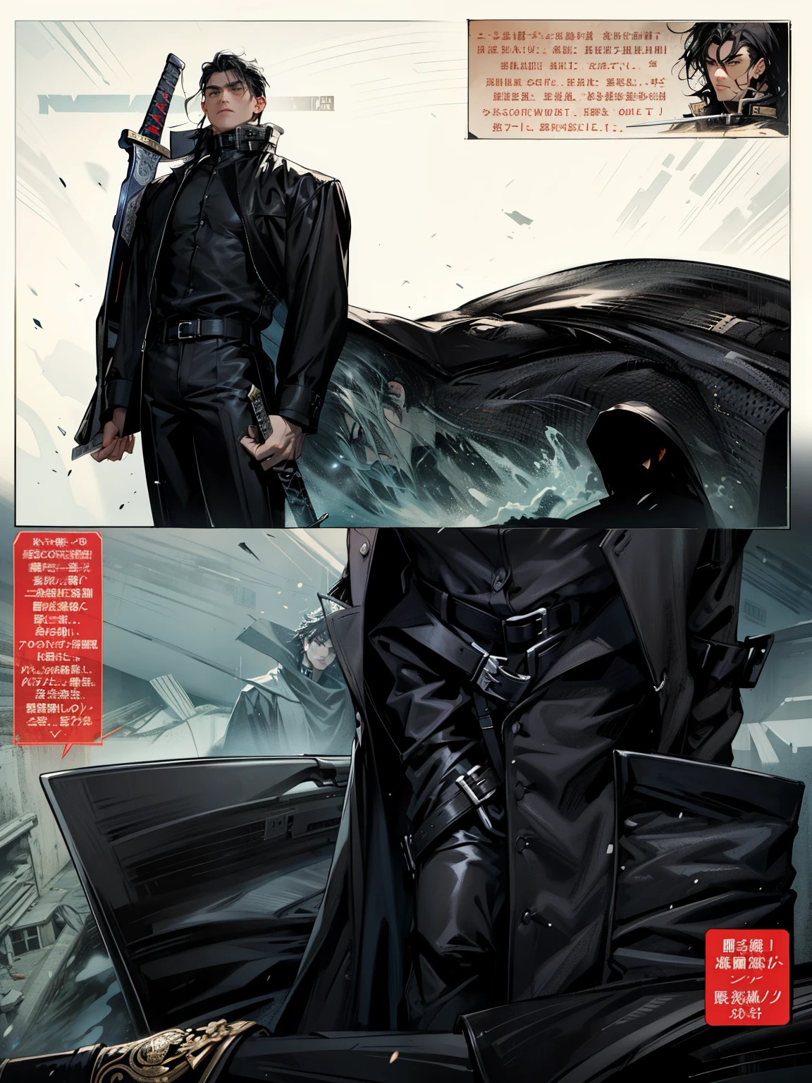 boys 26 Years old, Serious face, black hair, flowing hair, wearing high collar long trench coat, ((black shirt)), black pants, holding sword