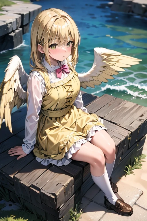 A blonde haired female angel in a cute yellow lolita dress with hazel eyes and golden wings is blushing sitting on rock at the beach