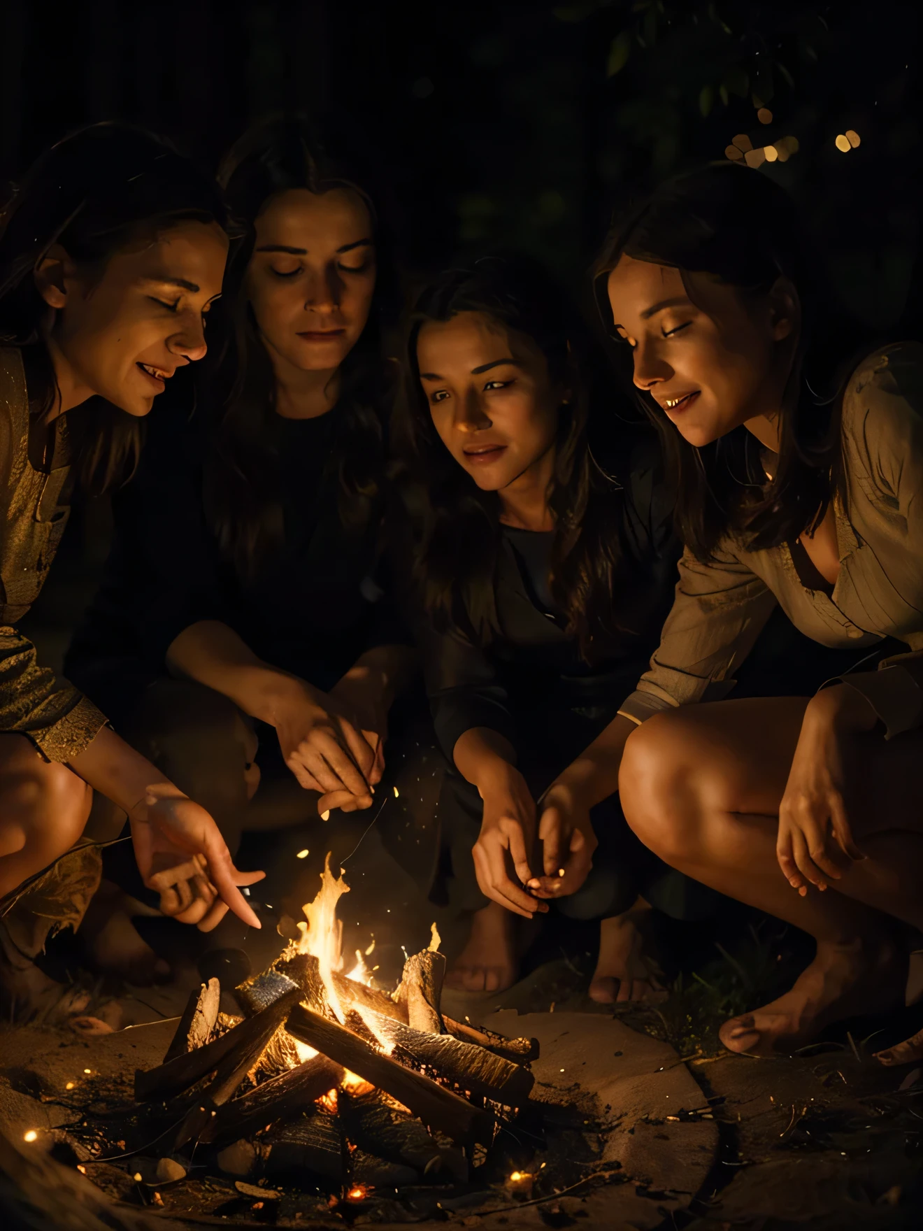 (best quality,highres,masterpiece:1.2),realistic,detailed people,fire storytelling,expressions of fascination and fear,night scene,outdoor,beautifully lit fire,crackling flames,shadows in the dark,curious faces,emotive storytelling,warm ambiance,engaged audience,storytellers with animated gestures,enchanted atmosphere,authentic joy,storytelling circle,night sky,emotional connection,dramatic lighting,facial expressions filled with wonder,sparkling eyes,captivating tales,mesmerizing gestures,shared excitement,hushed voices,twinkling stars,enchanted by the stories,vivid storytelling,deeply engaged listeners,dancing shadows,spellbound by the tales,campfire scene,stories passed down through generations,oral tradition,mysterious atmosphere,delight and suspense,long tales of adventure and mystery,emotions running high.