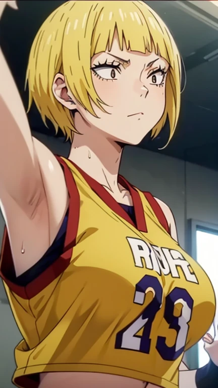 a close up of a person wearing a basketball uniform, a picture, inspired by Kentaro Miura, trending on pixiv, Saeko Tanaka, Haikyuu, yellow hair, short hair, wearing yellow nba jersey, yellow croptop nba jersey, wearing a low cut croptop, wearing croptop, croptop, written "Lakers" on the croptop, golden raito, (winking), shirobako, large)}], favorite scene, fine details. anime. skins, sweating, big breasts, both hands raised, armpits, armpits visible, dripping with sweat, more more sweat, sweaty armpits.