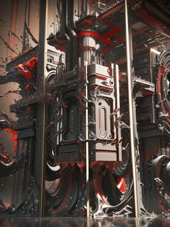 There is a very large red object in the middle of a dark background, 3 d Fluid simulation render, chaotic swirling ferrofluids, rendered in houdini, houdini Fluid simulation, Epic 3D Abstract Model, Fluid simulation in houdini, Fluid simulation, rendered in maya and houdini, rendered, black Fluid simulation, intricate artwork. Octane render
