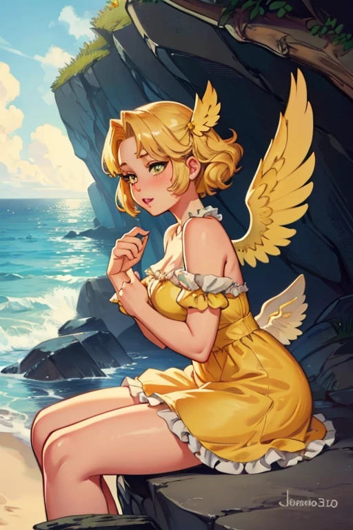 A blonde haired female angel in a cute yellow lolita dress with hazel eyes and golden wings is blushing on a rock at at the beach