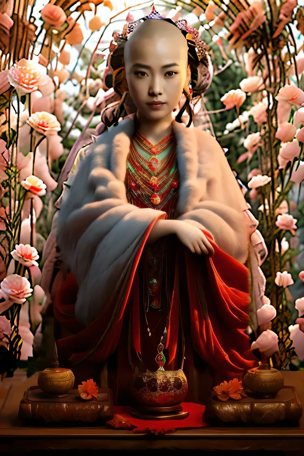 Smiling al-Fed monk in white robes standing at table eating, Movie goddess shot, Portrait of a priestess, Unreal Engine Rendering + goddess, matte painting portrait shot, Wearing a golden red robe, cgsociety uhd 4k highly detailed, Inspired by Lu Ji, 3d rendering character art 8k, Ancient Chinese goddess, Portrait Photography