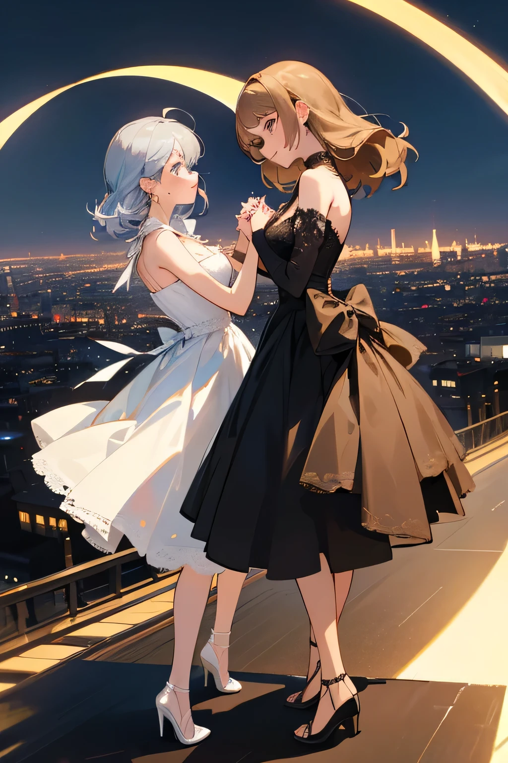 highest quality、High resolution、Detailed Background、(Beautiful face in every detail:1.4)、Anatomically correct、(Draw the usual number of fingers:1.2)、(Detailed facial expressions)、(Detailed eyes:1.2)、(Detailed eyes:1.2)、Beautiful, smooth skin、Beautiful women in their 20s、(Highly detailed face:1.4)、cute hair color、Bobcut、Braided long hair、Wavy Hairstyle、well-groomed eyebrows、cute eye makeup、Cute Lip Makeup、Perfect body line、(Minimally revealing clothing:1.2)、Night view spot、A big smile、Cowboy Shot、

(Two beautiful women having a good time on a night view date:1.5)、

The Eiffel Tower, a symbol of Paris, is lit up at night, offering a beautiful night view.、The view of Paris from the Eiffel Tower is particularly spectacular, attracting many tourists.、

Night view spotでのディナーやスイーツを楽しむ、Bring candles or lights to create a romantic atmosphere、
Take a walk around the night view spot、During the Christmas season and events, the night view spots and surrounding areas may be lit up.、You can enjoy a special atmosphere by taking a walk while holding hands with your partner and looking at the beautiful illuminations and decorations.、
During photo shoots, you can have fun by thinking of poses together and making each other laugh.、

Choose a dress with floral or lace designs、It is a good idea to choose a dress in pastel or soft colors.、Wear heeled sandals or pumps to add a feminine touch.、
For an elegant look, we recommend pairing a silk or satin top with a flared or tight skirt.、
For tops, choose ones with open shoulders and backs or lace details to give an elegant impression.、Pair it with heeled pumps or strappy sandals for a more glamorous look.、
We also recommend choosing an all-black monotone outfit to create a chic and sophisticated look.、Pair a black top or dress with black skinny pants or a skirt、Using gold or silver accessories and bags will give you a more luxurious look.、cute