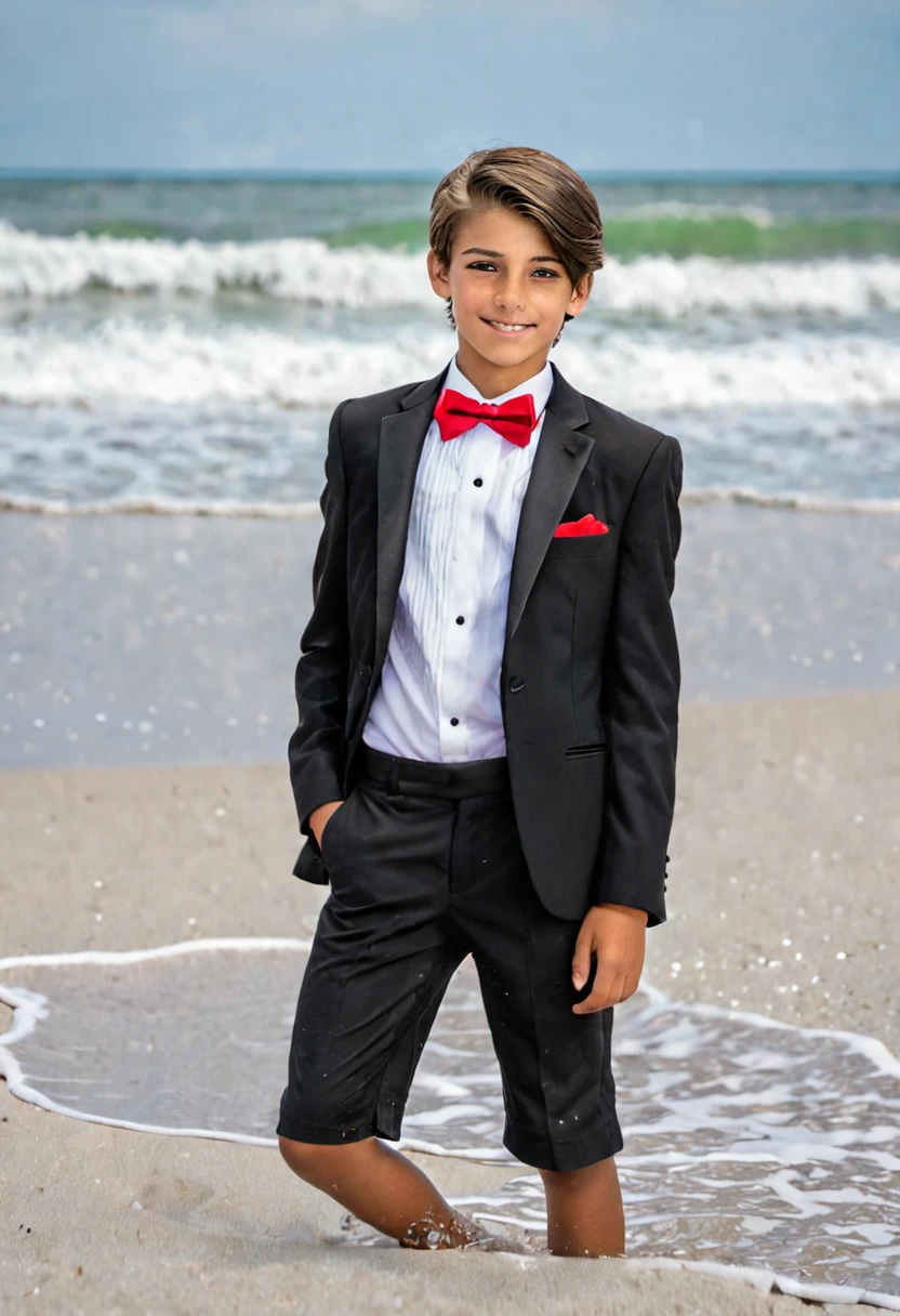 Beautiful and realistic 14 year old boy in tuxedo on the beach, carasultra detalladas, Red de voleibol en segundo plano., fotorrealista mejor calidad Imgen, EOS R7 mirrorless camera + Objetivo RF-S 18-150mm F3.5-6.3 IS STM de Canon