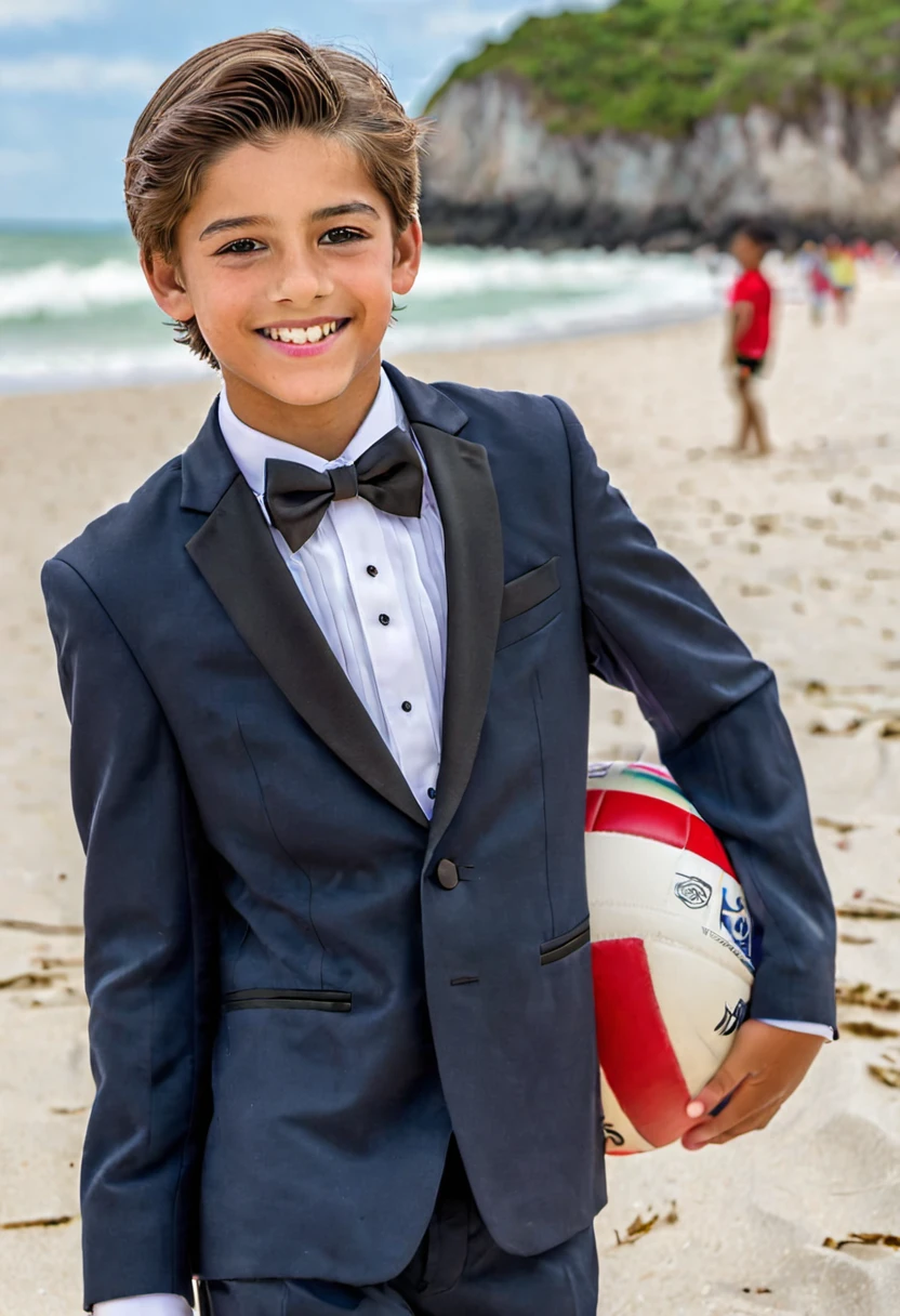 Beautiful and realistic 14 year old boy in tuxedo on the beach, carasultra detalladas, Red de voleibol en segundo plano., fotorrealista mejor calidad Imgen, EOS R7 mirrorless camera + Objetivo RF-S 18-150mm F3.5-6.3 IS STM de Canon
