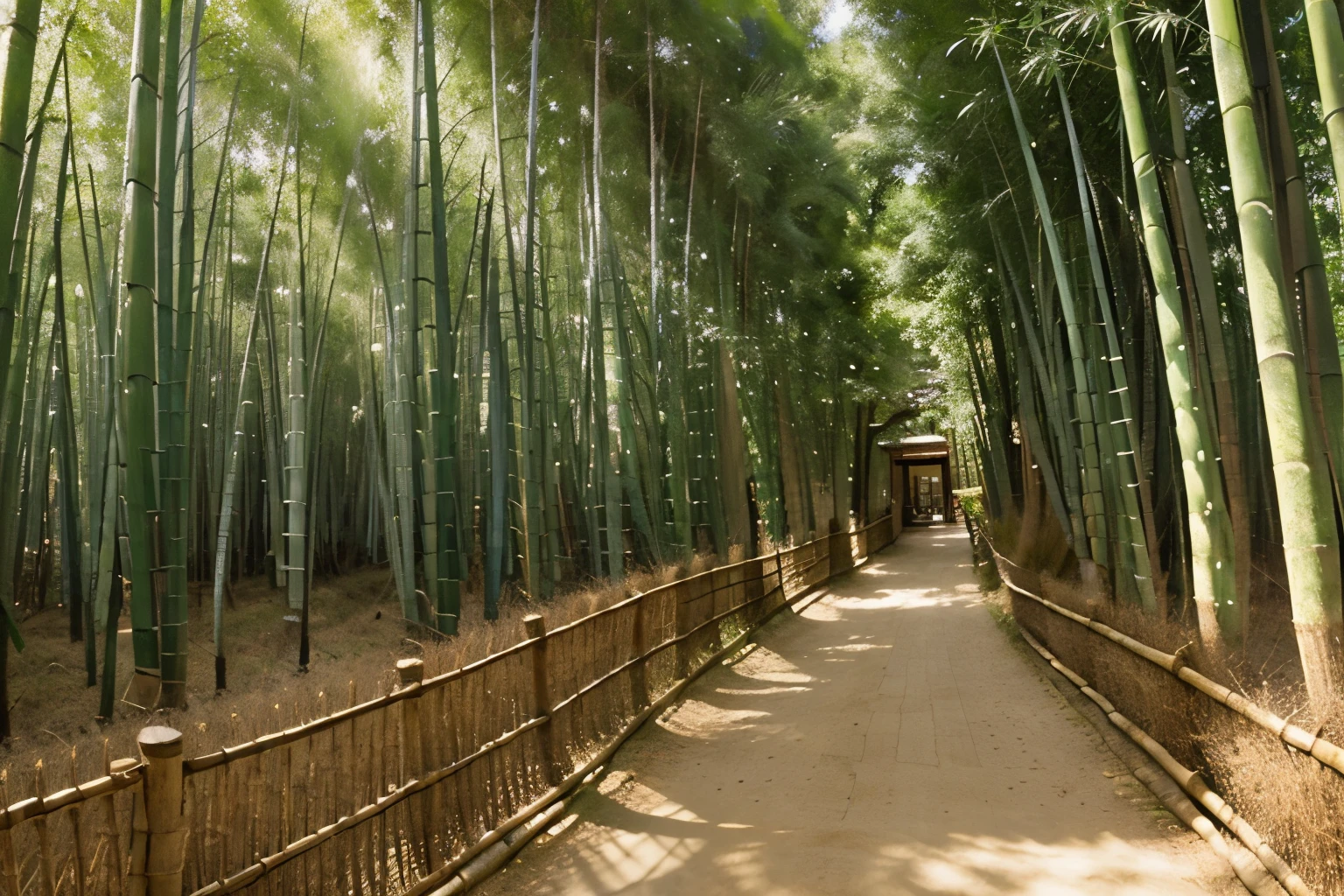 Generate an image capturing the serene beauty of the bamboo groves in Arashiyama, Kyoto, with sunlight filtering through the tall, swaying bamboo stalks, casting patterns of light and shadow on the winding paths below. high quality. masterpiece. super detailed.