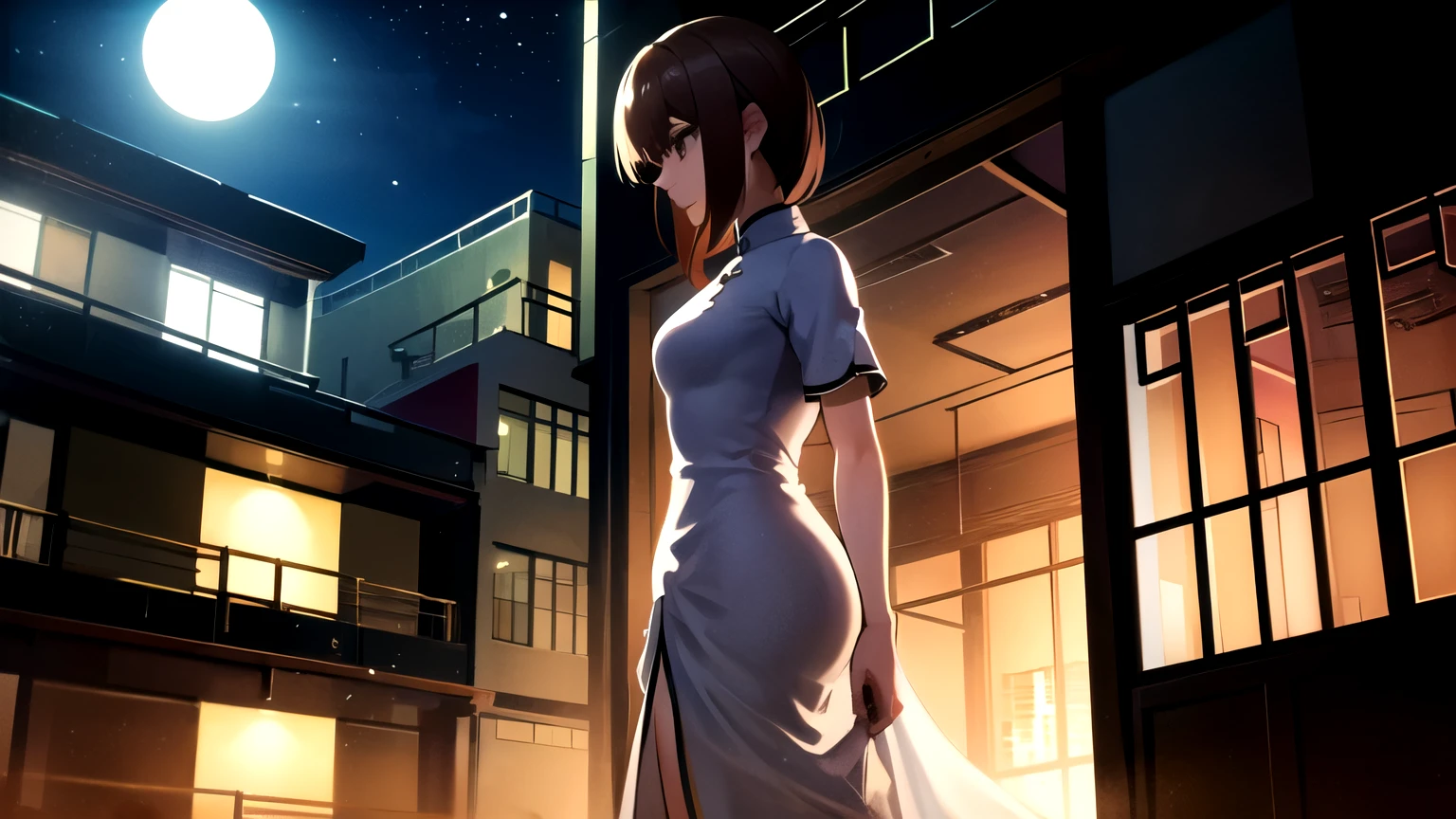 30-year-old female、White Chinese Dress、high resolution、High definition、Night Scenery 、Small breasts、Brown bob hair、Slender body、Short sleeve、Looking back at me backwards