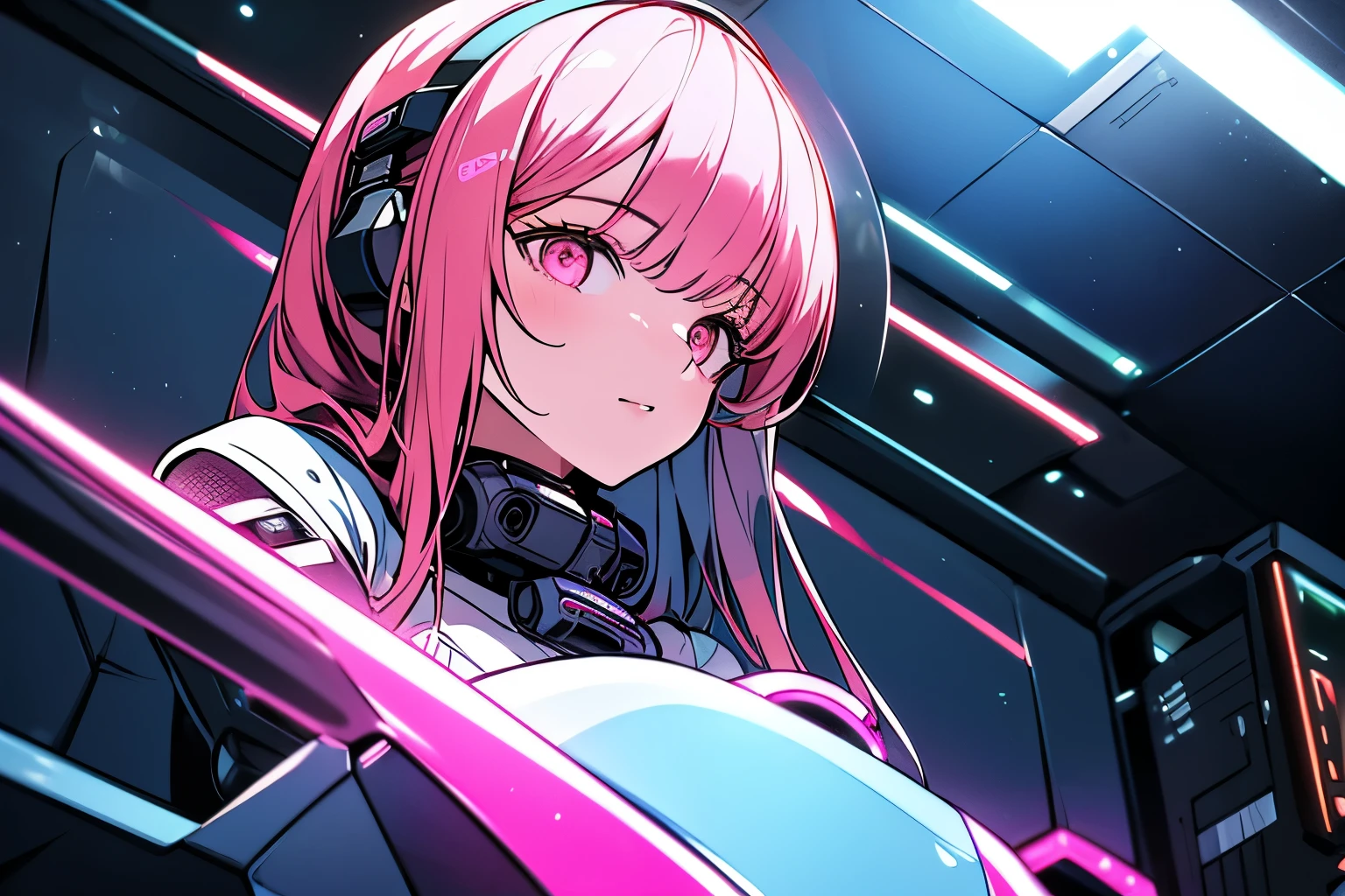 Highest image quality, outstanding details, ultra-high resolution, (realism: 1.4), the best illustration, favor details, highly condensed 1girl, with a delicate and beautiful face, wearing a pink mech, wearing a mecha helmet, holding a direction controller, riding on a motorcycle, the background is a high-tech lighting scene of the future city.