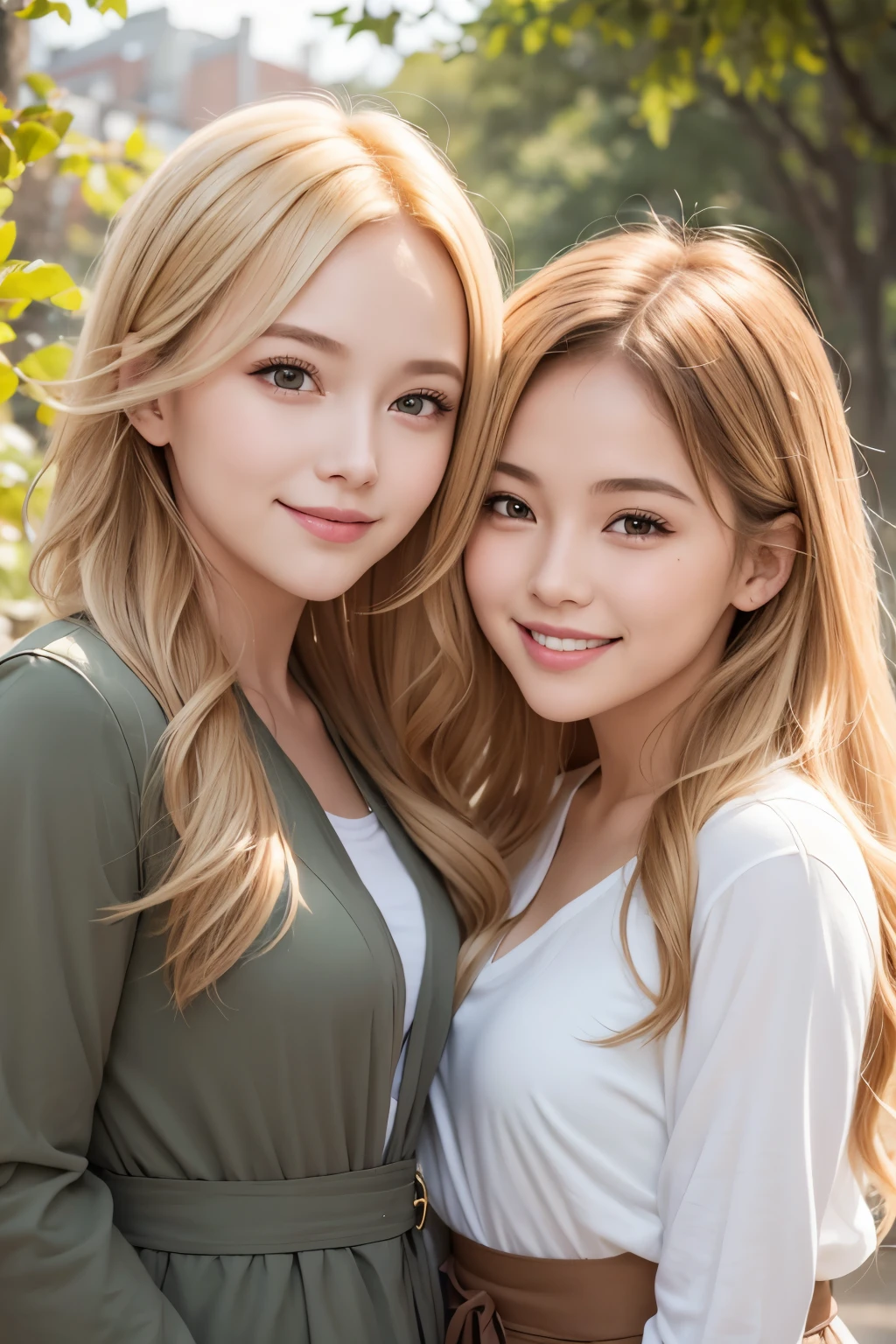 Girl and girl, golden hair, light smile, outdoors,