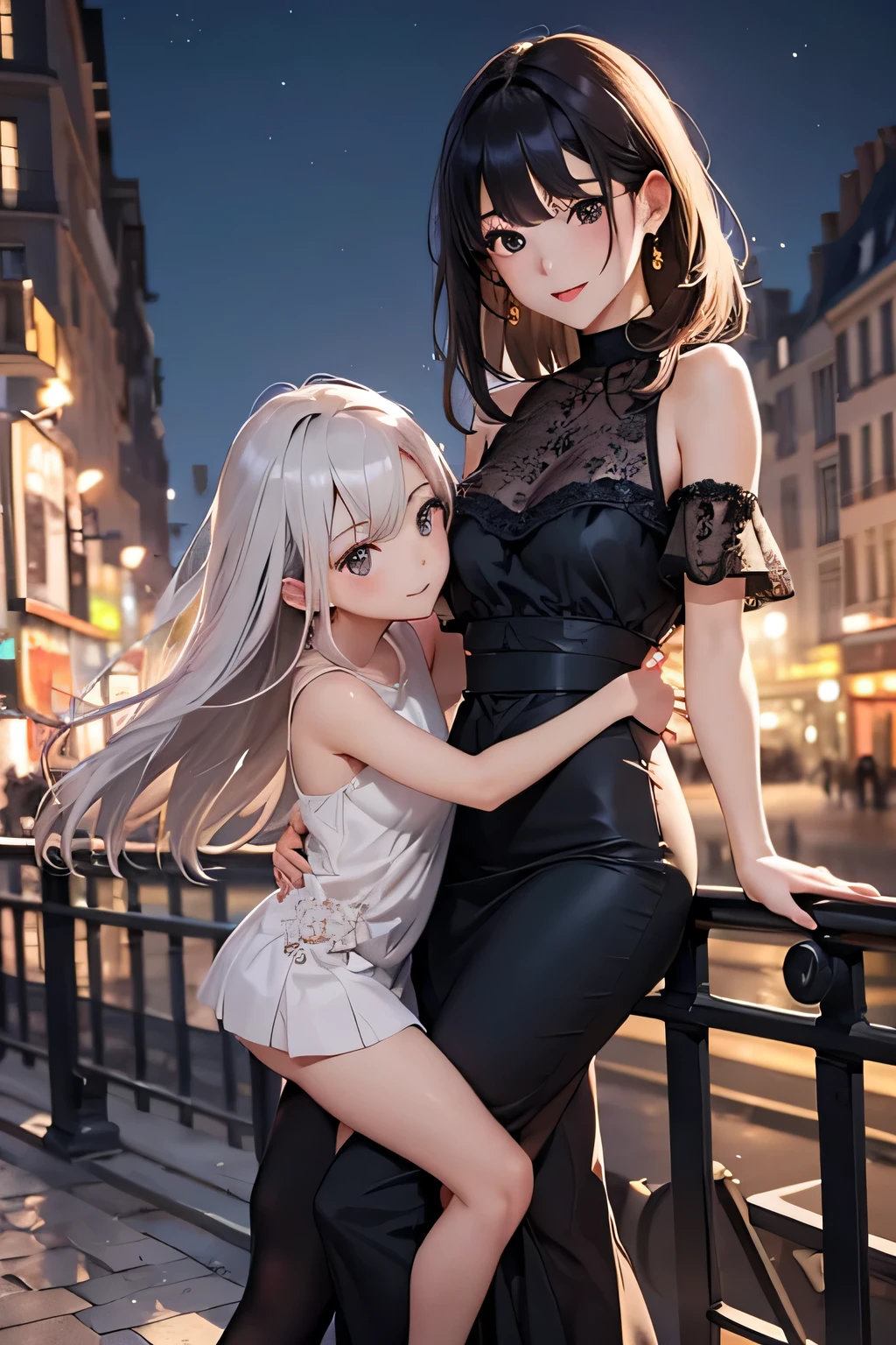 highest quality、High resolution、Detailed Background、(Beautiful face in every detail:1.4)、Anatomically correct、(Draw the usual number of fingers:1.2)、(Detailed facial expressions)、(Detailed eyes:1.2)、(Detailed eyes:1.2)、Beautiful, smooth skin、Beautiful women in their 20s、(Highly detailed face:1.4)、cute hair color、Bobcut、Braided long hair、Wavy Hairstyle、well-groomed eyebrows、cute eye makeup、Cute Lip Makeup、Perfect body line、(Minimally revealing clothing:1.2)、Night view spot、Cowboy Shot、
(Two beautiful women having a good time on a night view date:1.5)、With a happy expression、
The Eiffel Tower, a symbol of Paris, is lit up at night, offering a beautiful night view.、The view of Paris from the Eiffel Tower is particularly spectacular, attracting many tourists.、
Take a walk around the night view spot、During the Christmas season and events, the night view spots and surrounding areas may be lit up.、You can enjoy a special atmosphere by taking a walk while holding hands with your partner and looking at the beautiful illuminations and decorations.、
During photo shoots, you can have fun by thinking of poses together and making each other laugh.、
Choose a dress with floral or lace designs、It is a good idea to choose a dress in pastel or soft colors.、Wear heeled sandals or pumps to add a feminine touch.、
For an elegant look, we recommend pairing a silk or satin top with a flared or tight skirt.、
For tops, choose ones with open shoulders and backs or lace details to give an elegant impression.、Pair it with heeled pumps or strappy sandals for a more glamorous look.、
We also recommend choosing an all-black monotone outfit to create a chic and sophisticated look.、Pair a black top or dress with black skinny pants or a skirt、Using gold or silver accessories and bags will give you a more luxurious look.、cute