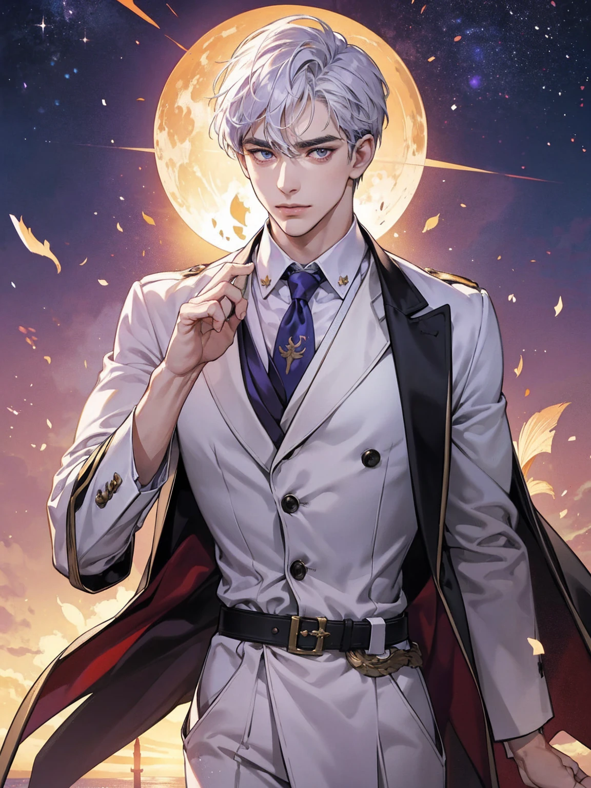 anime.Constantine the Great, Roman Emperor Constantine the Great resurrected in modern times。34 years old。one adult male。Long body。broad shoulder。thick neck。eyes like a lion。Bright and sharp eyes。Looking here。Sincere and kind。Kind and reliable。Deal with it sternly if necessary.。talented and hardworking businessman。successful gentleman。careerist。he is wearing a high quality white suit。dark purple tie。Light purple shirt。forceful。An overwhelming sense of control。romance novel hero。Bold composition。look up to。lyrical。Dramatic。heartful。Romantic。opulent。elegan。elegance。Venice background in the sunset。masterpiece。top-quality。Super beautiful。The ultra -The high-definition。detaileds。exquisite。